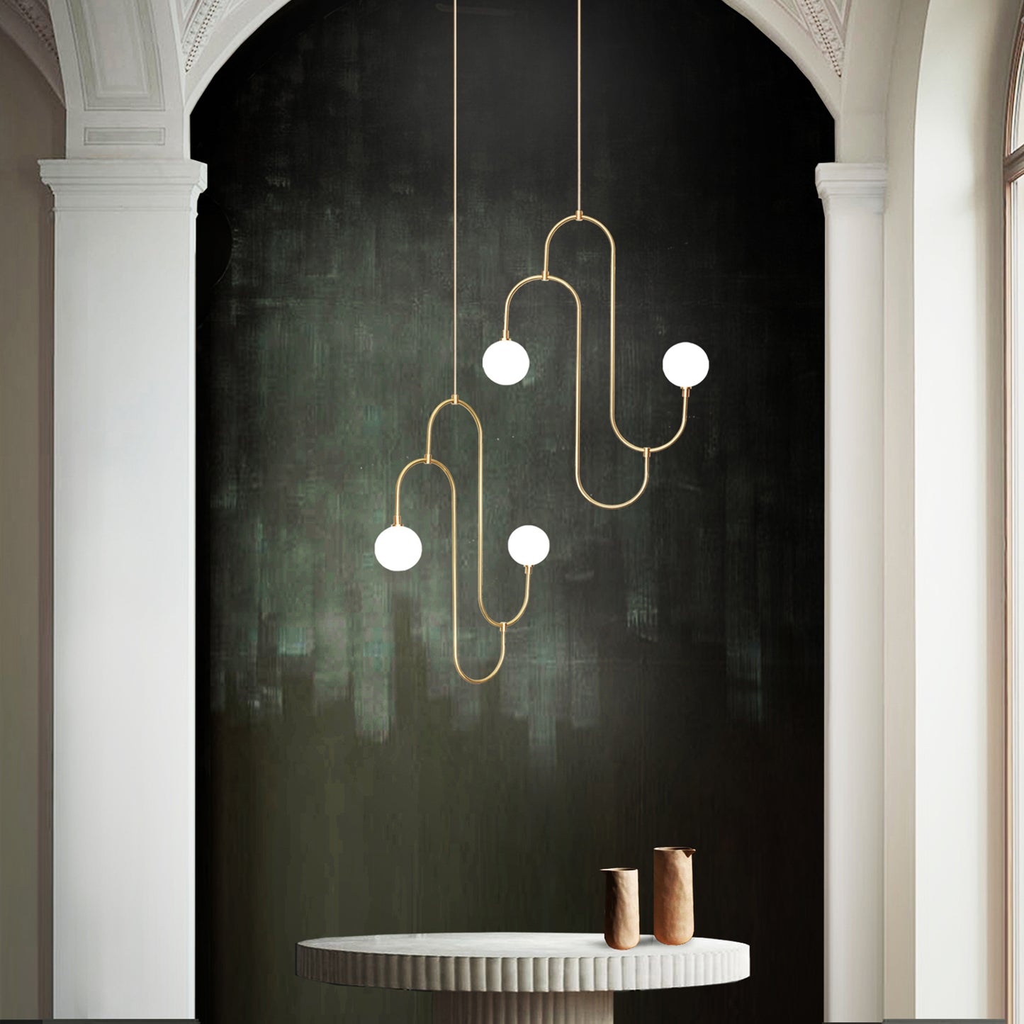 Jack and Jill Pendant Light, in setting hanging above table.