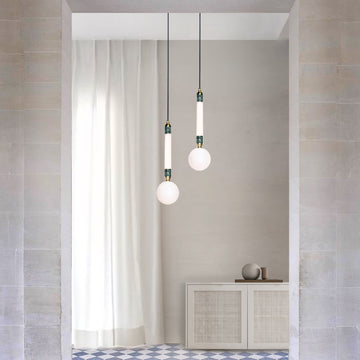 Greenstone Small Pendant Light, hanging from ceiling in hallway, duo.