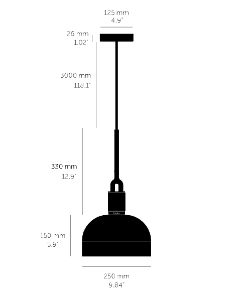 Forked Pendant Light / Shade / Globe / Opal / Medium burnt steel, dimensions.