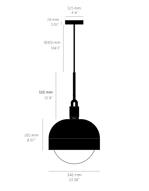 Forked Pendant Light / Shade / Globe / Opal / Large burnt steel, dimensions.