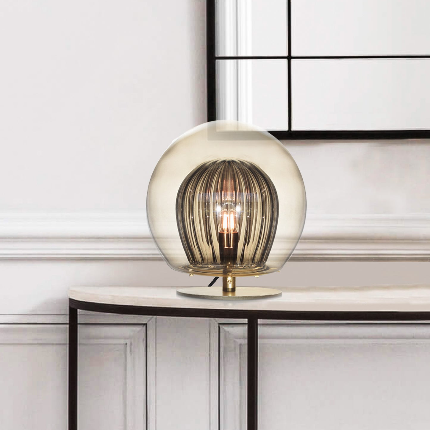 Pleated Crystal Table Lamp, Smoked front view on table in setting.