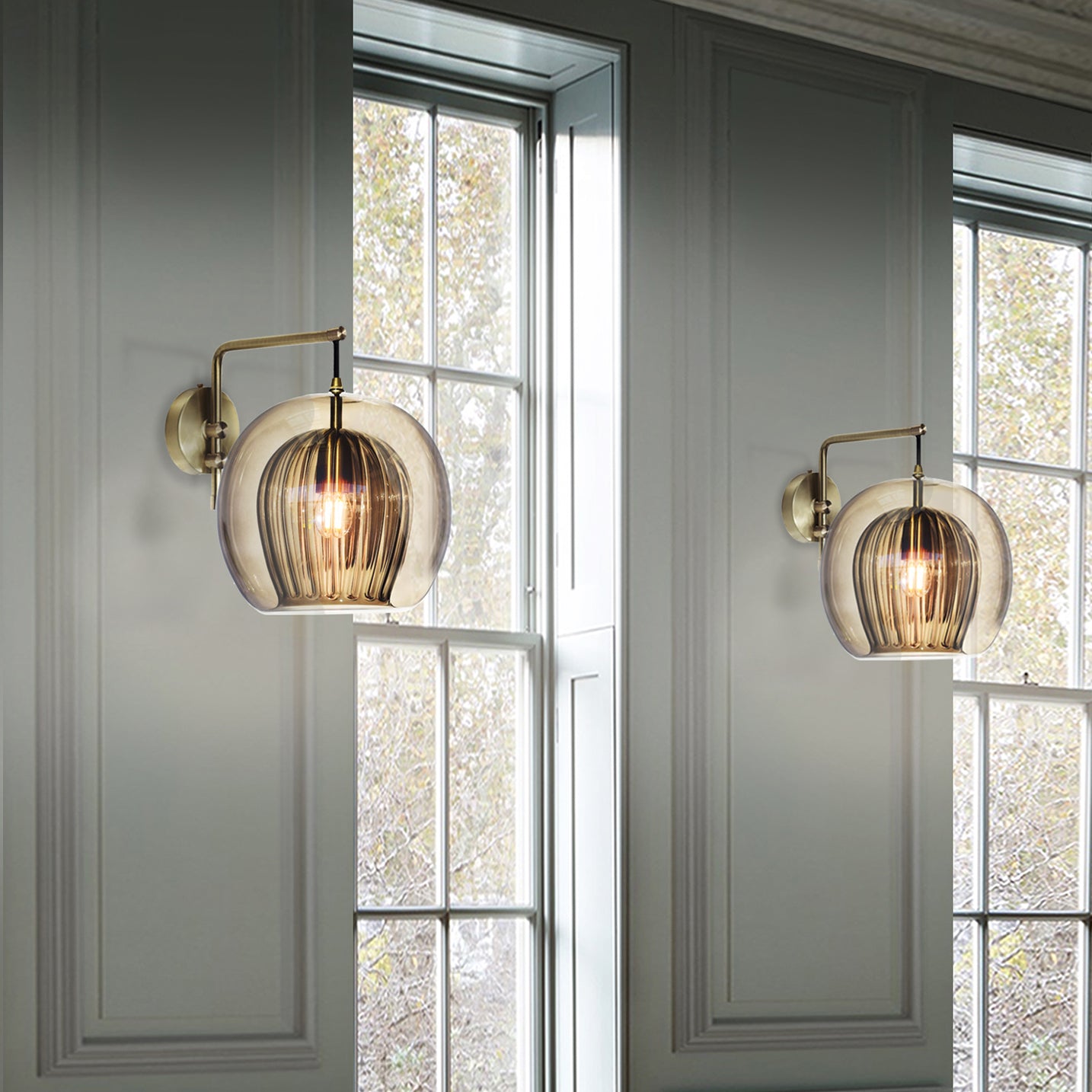 Pleated Crystal Wall Light smoked duo, side view on wall in setting.