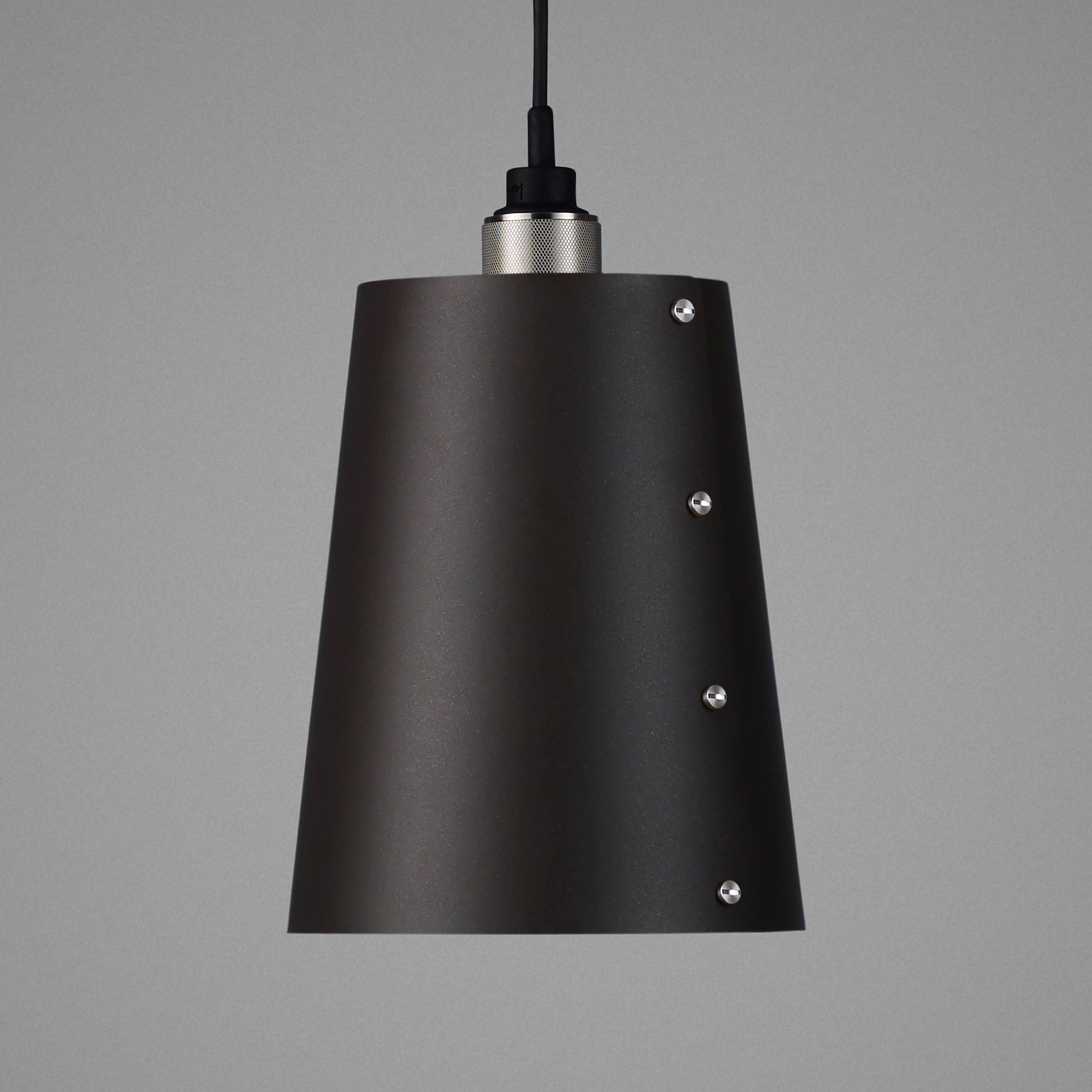Hooked 1.0 Large Pendant Light / Graphite Steel, detailed close up view of shade and knurling.