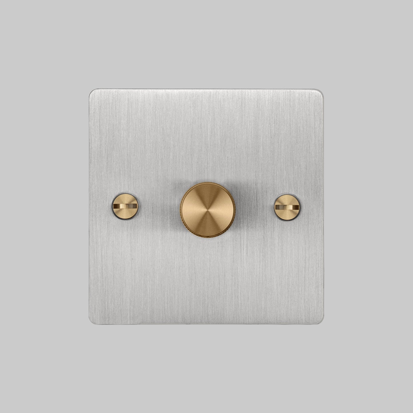 1G Dimmer/ 120W/ Steel with brass details, front view.