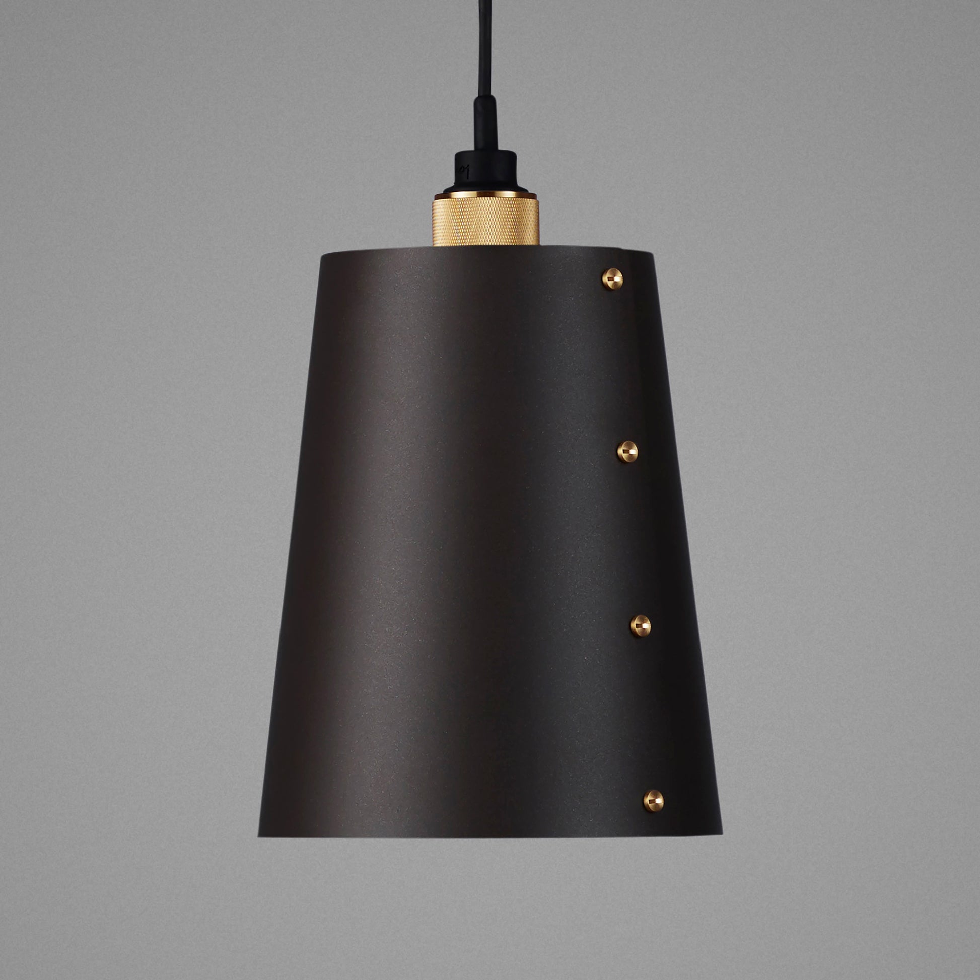 Hooked 1.0 Large Pendant Light / Graphite brass, detailed close up view of shade and knurling.