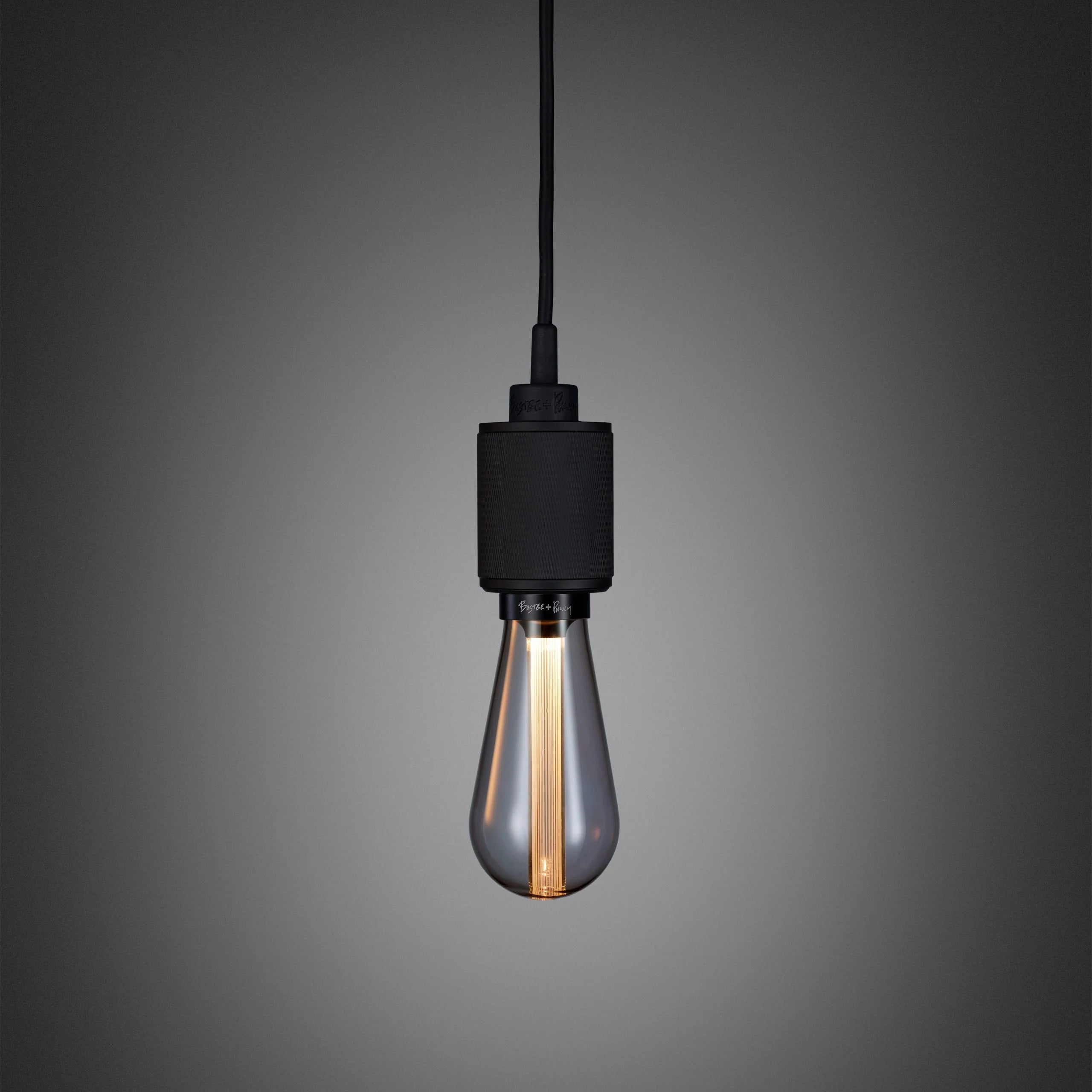 Heavy Metal Pendant light / Cross Black, smoked bulb front view. 