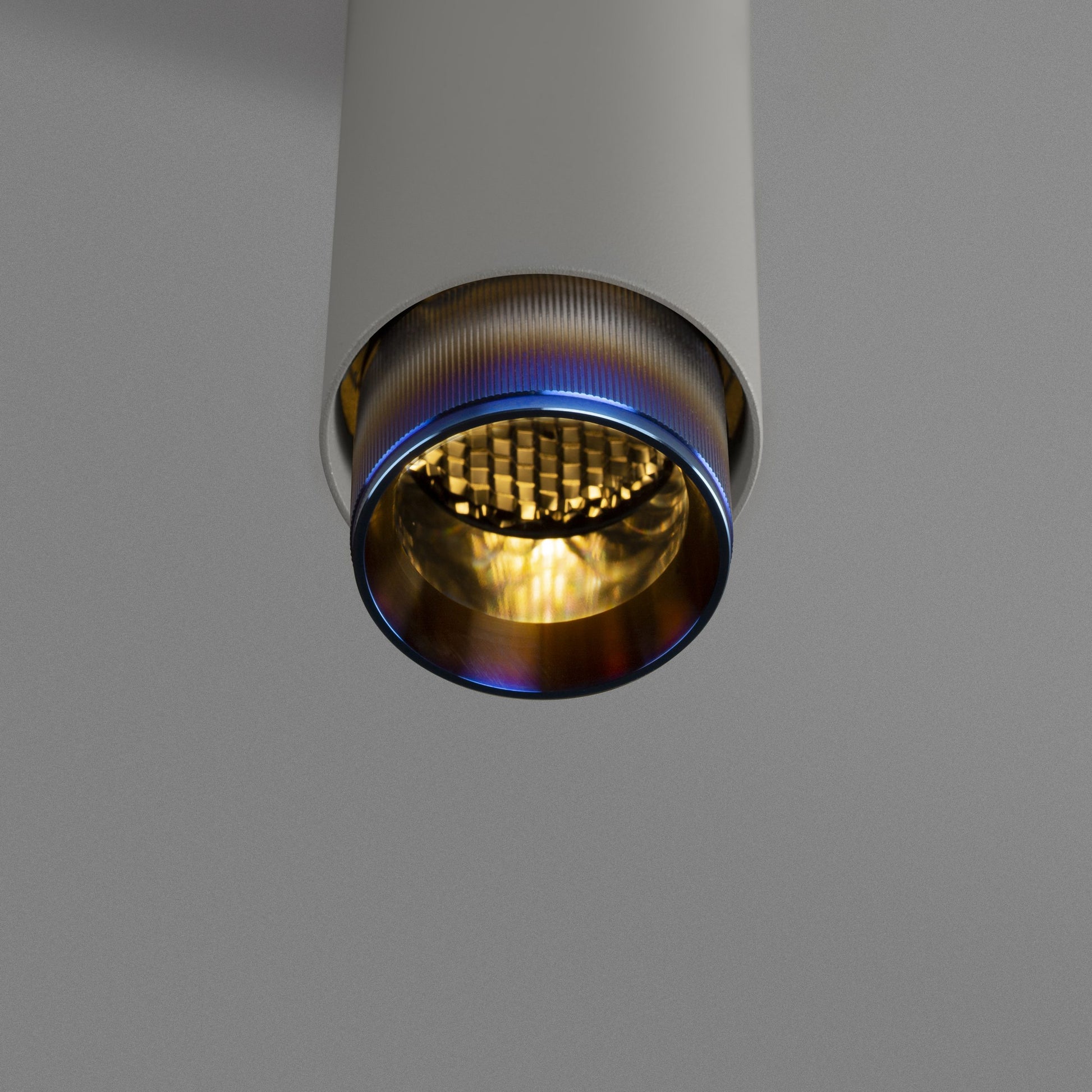 Exhaust Pendant Light / Linear / Stone Burnt Steel, detailed close up view from upneath of knurling and light.