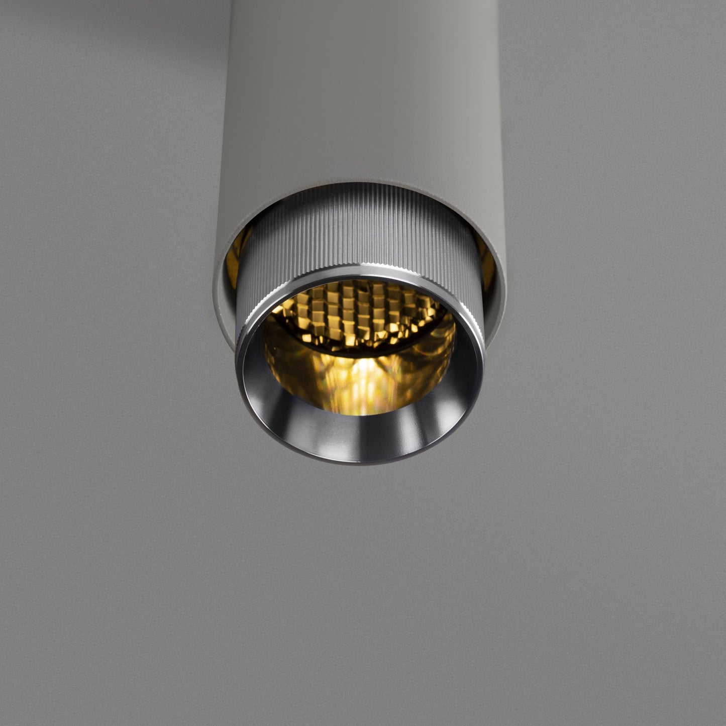 Exhaust Pendant Light / Linear / Stone Steel, detailed close up view from upneath of knurling and light.