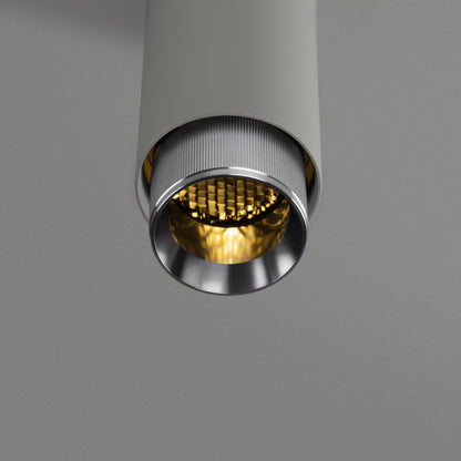Exhaust Pendant Light / Linear / Stone Steel, detailed close up view from upneath of knurling and light.