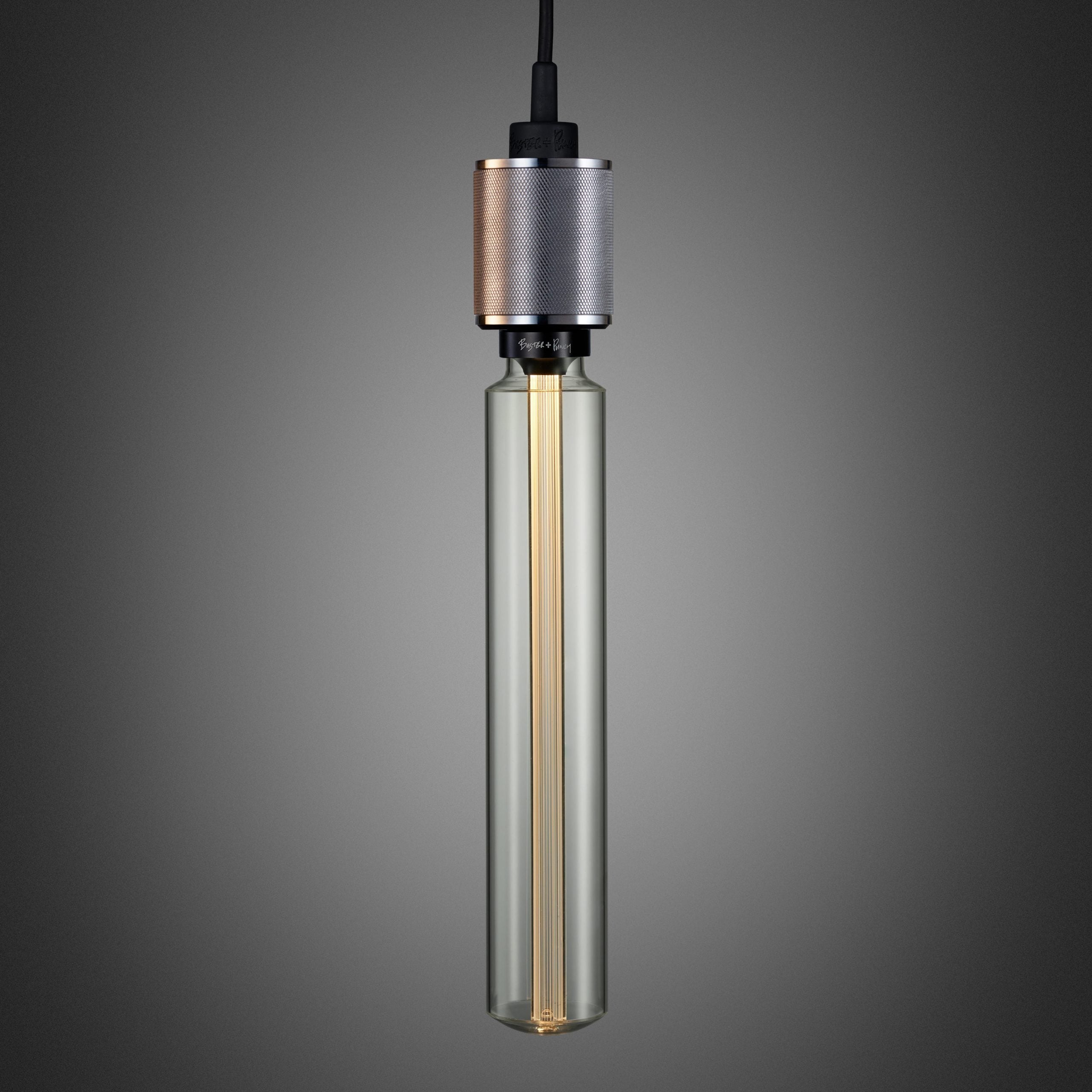 Heavy Metal Pendant light / Cross steel, long bulb front view.
