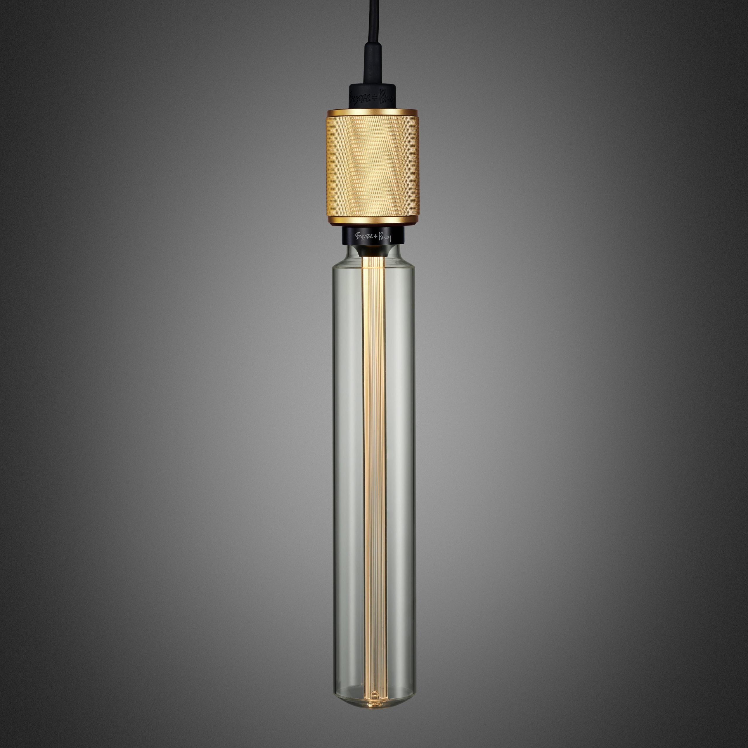 Heavy Metal Pendant light / Cross Brass, long bulb front view. 