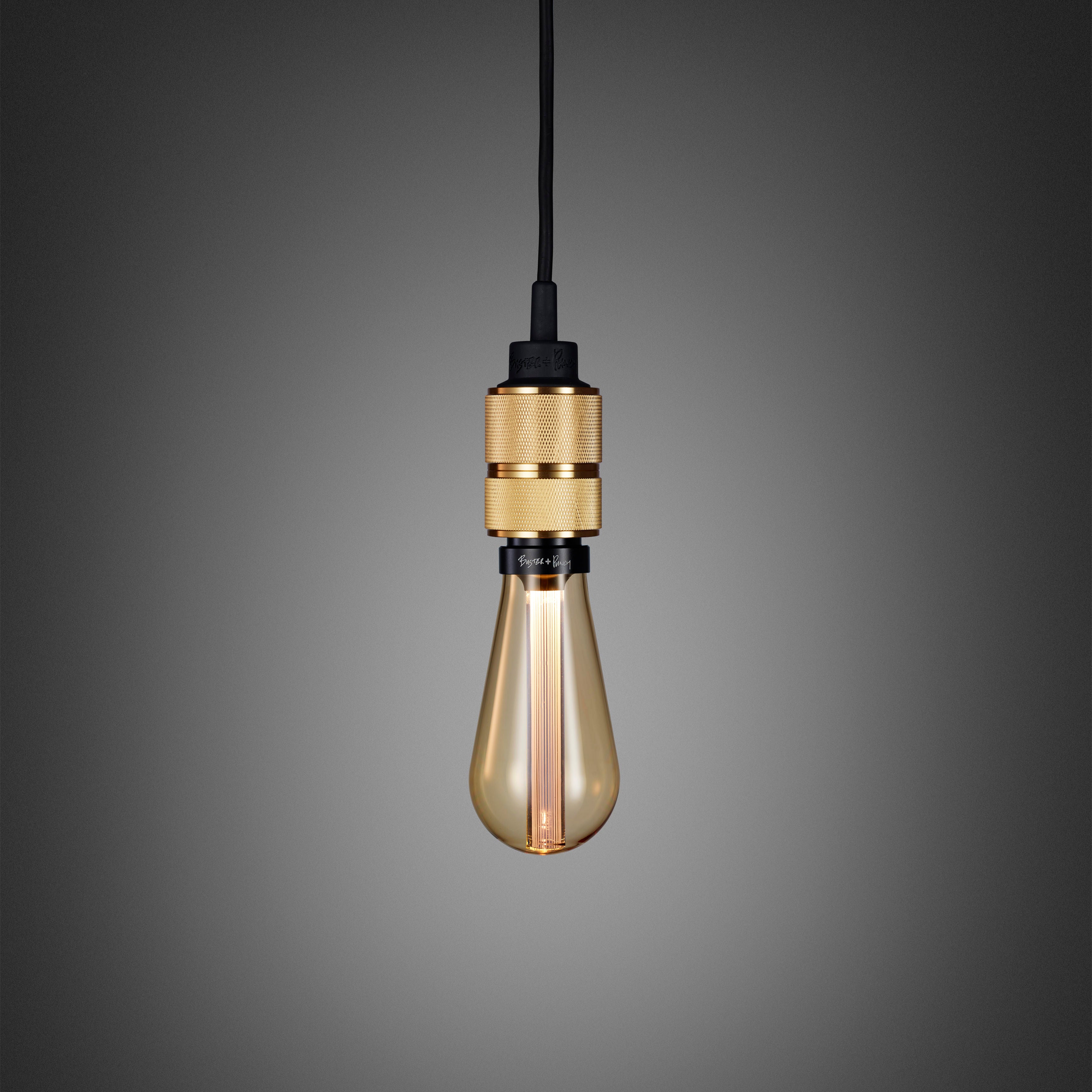 Hooked 1.0 Pendant Light / Nude Brass, close up view with gold bulb.