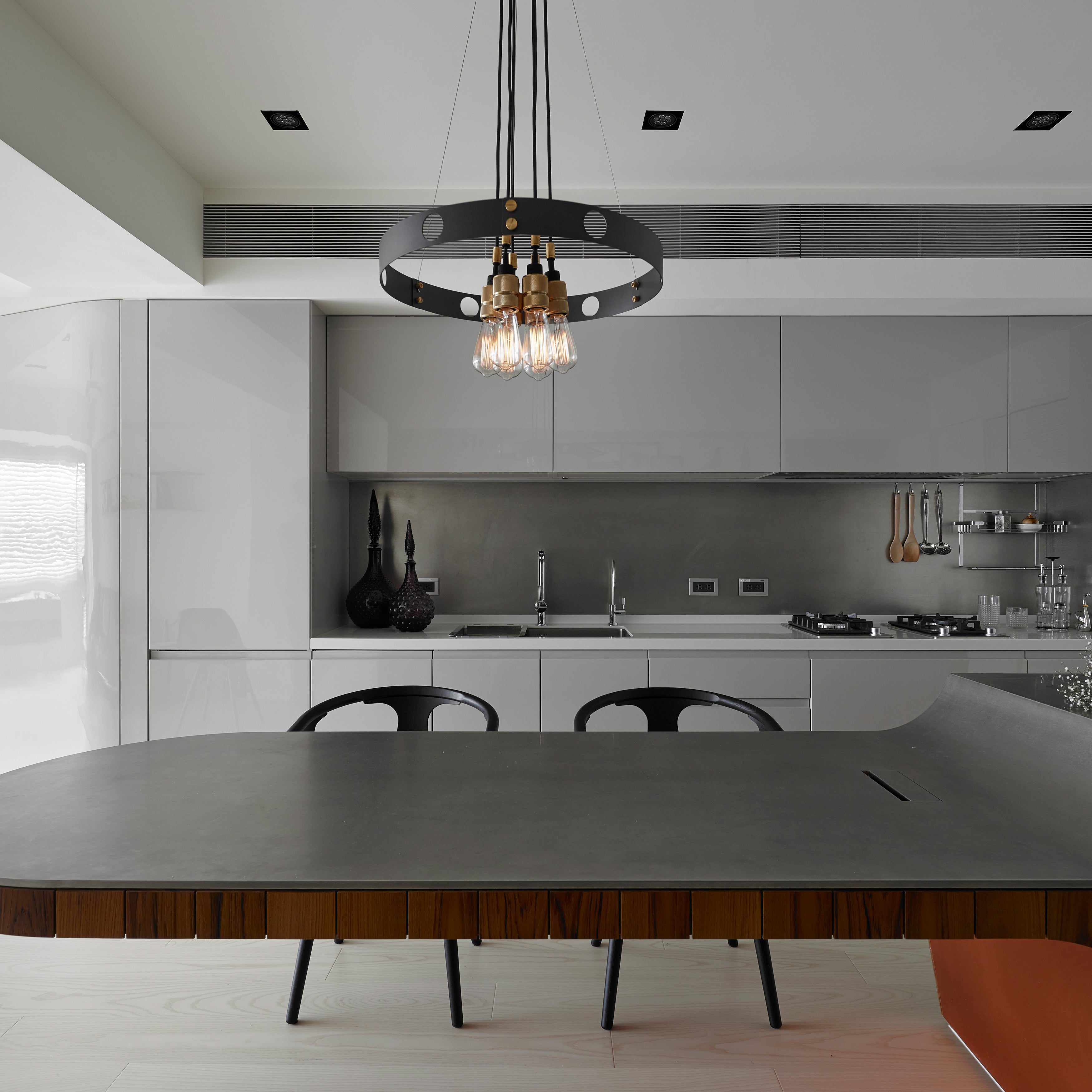 Brass Hero Light/ Graphite Pendant Ceiling light opened lifestyle image kitchen 