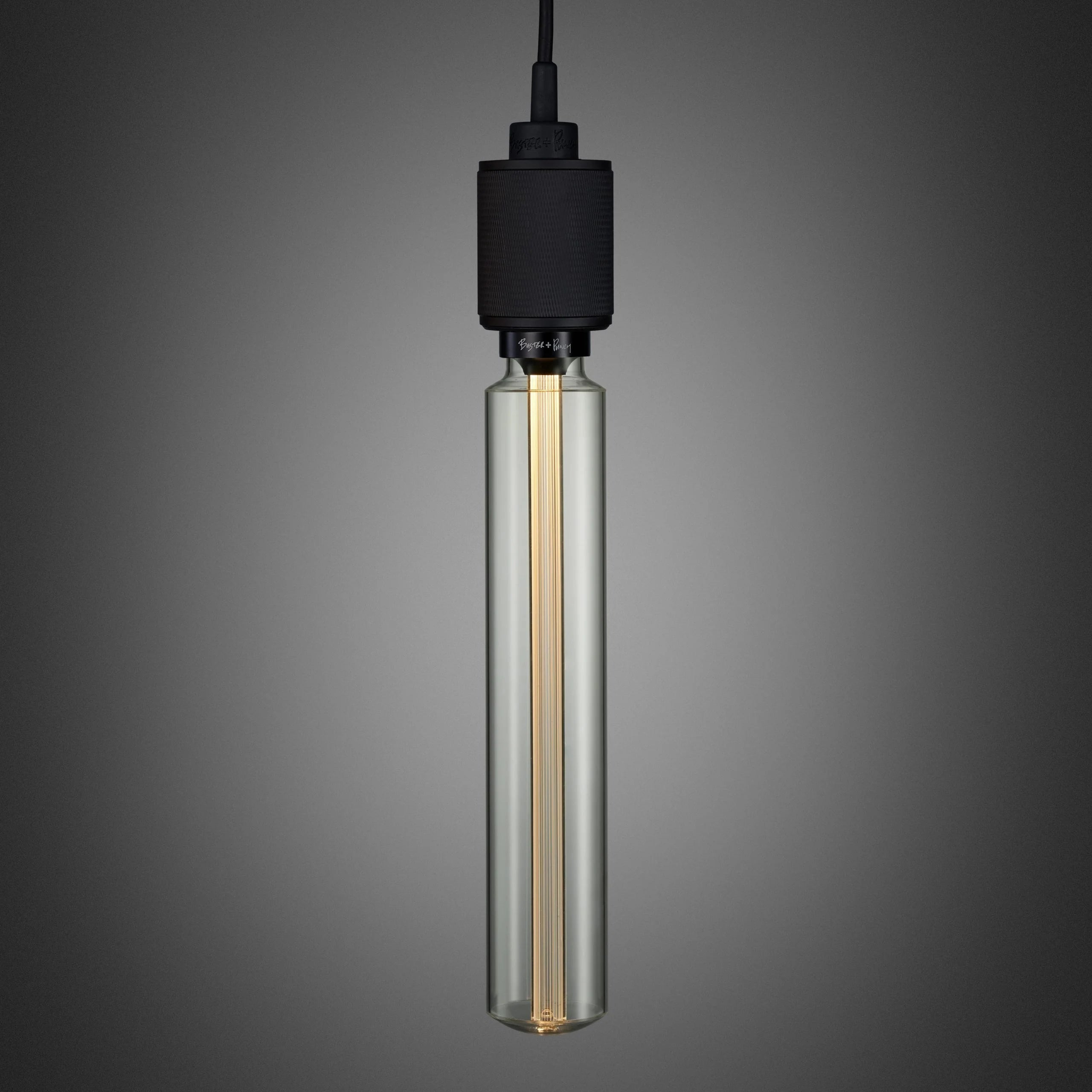 Heavy Metal Pendant light / Cross Black, long bulb front view. 
