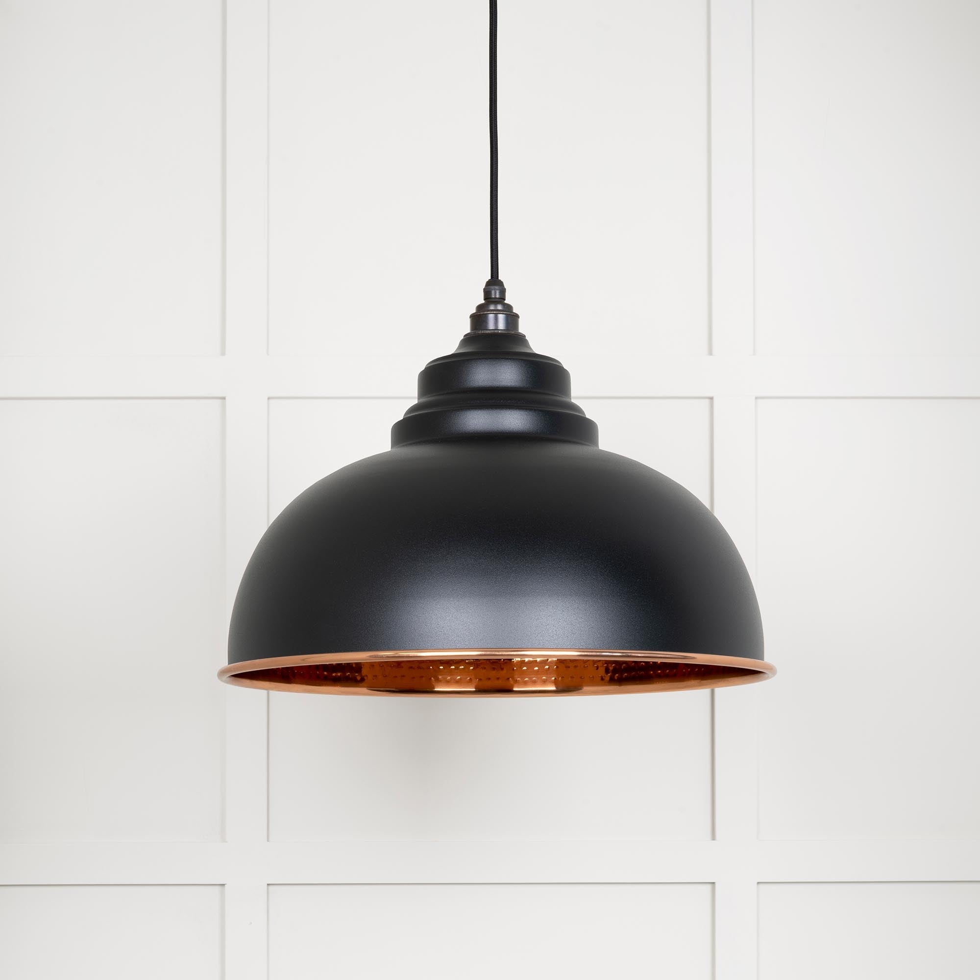Hammered Copper Harborne Pendant Light  Elan Black, Front Side.