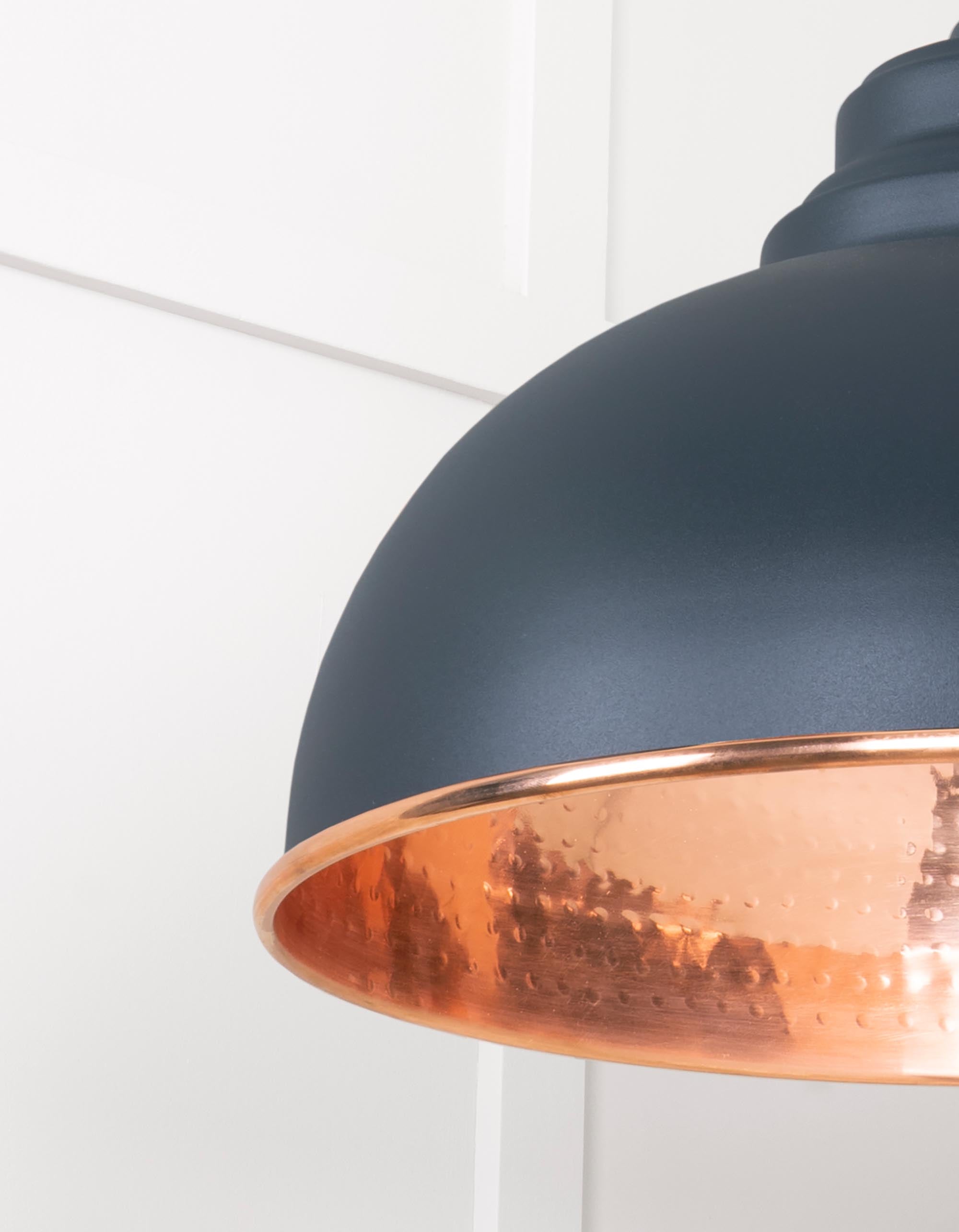 Hammered Copper Harborne Pendant Light  Soot, Detailed close up view of pendant.