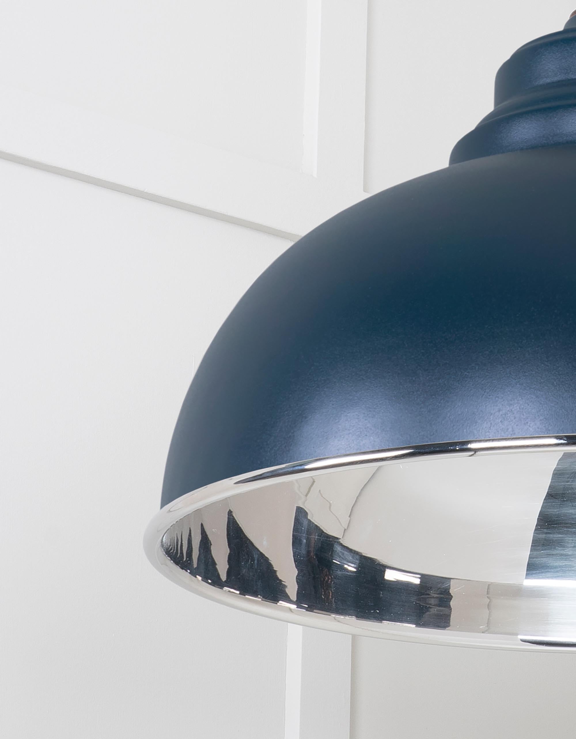 Smooth Nickel Harborne Pendant Light  Dusk, Detailed close up view of pendant.