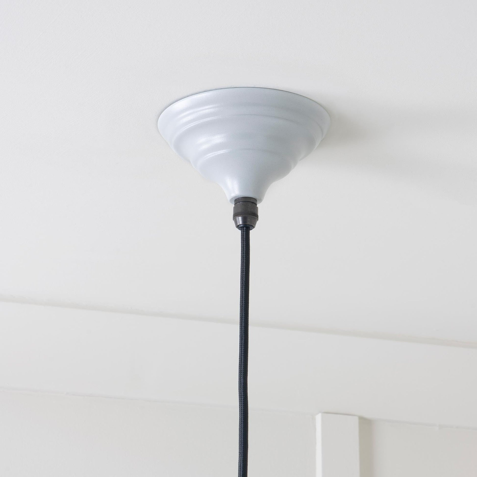 White Gloss Brindley Pendant Light  Birch, close up view of fitting and cable.