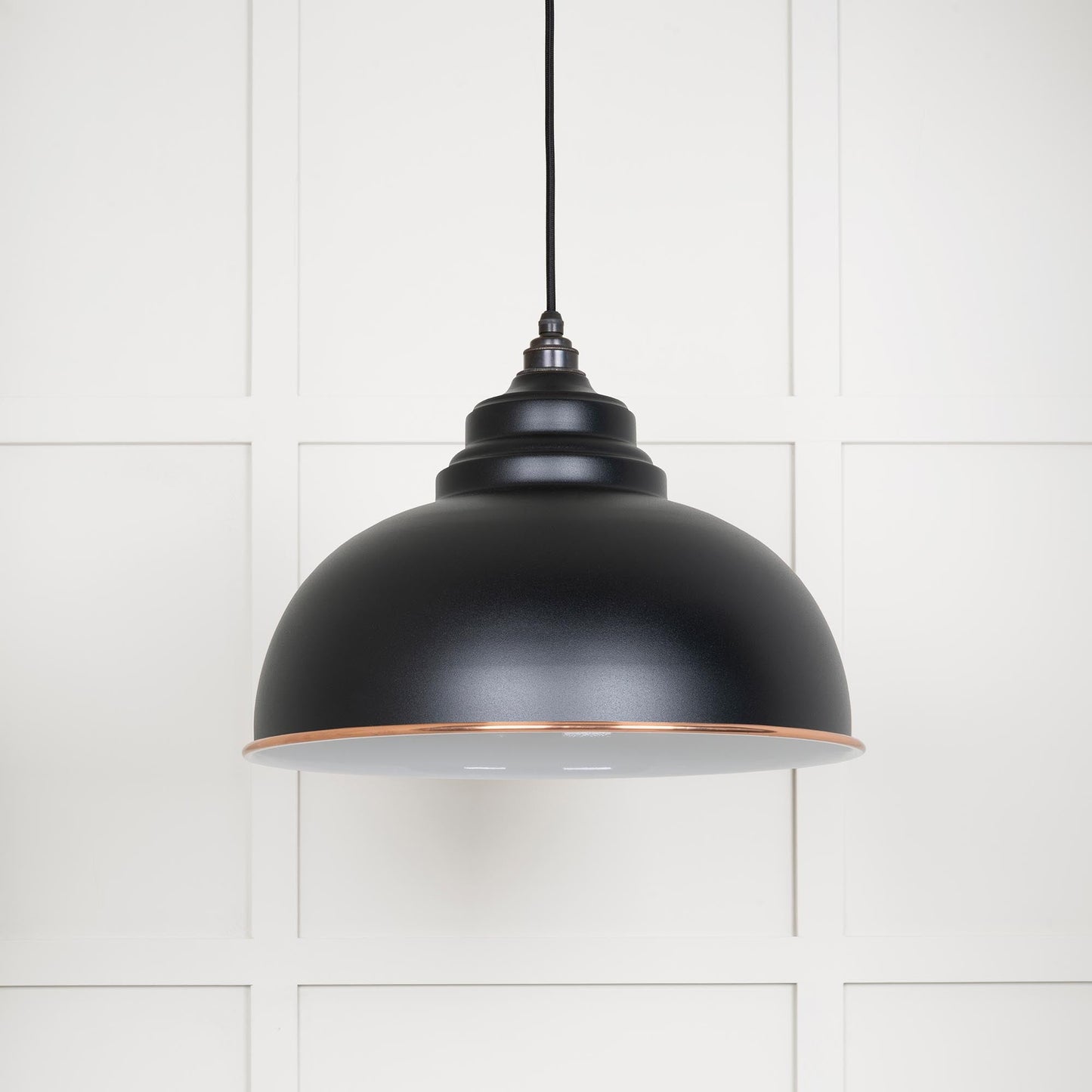 White Gloss Harborne Pendant Light  Elan Black, Front Side.