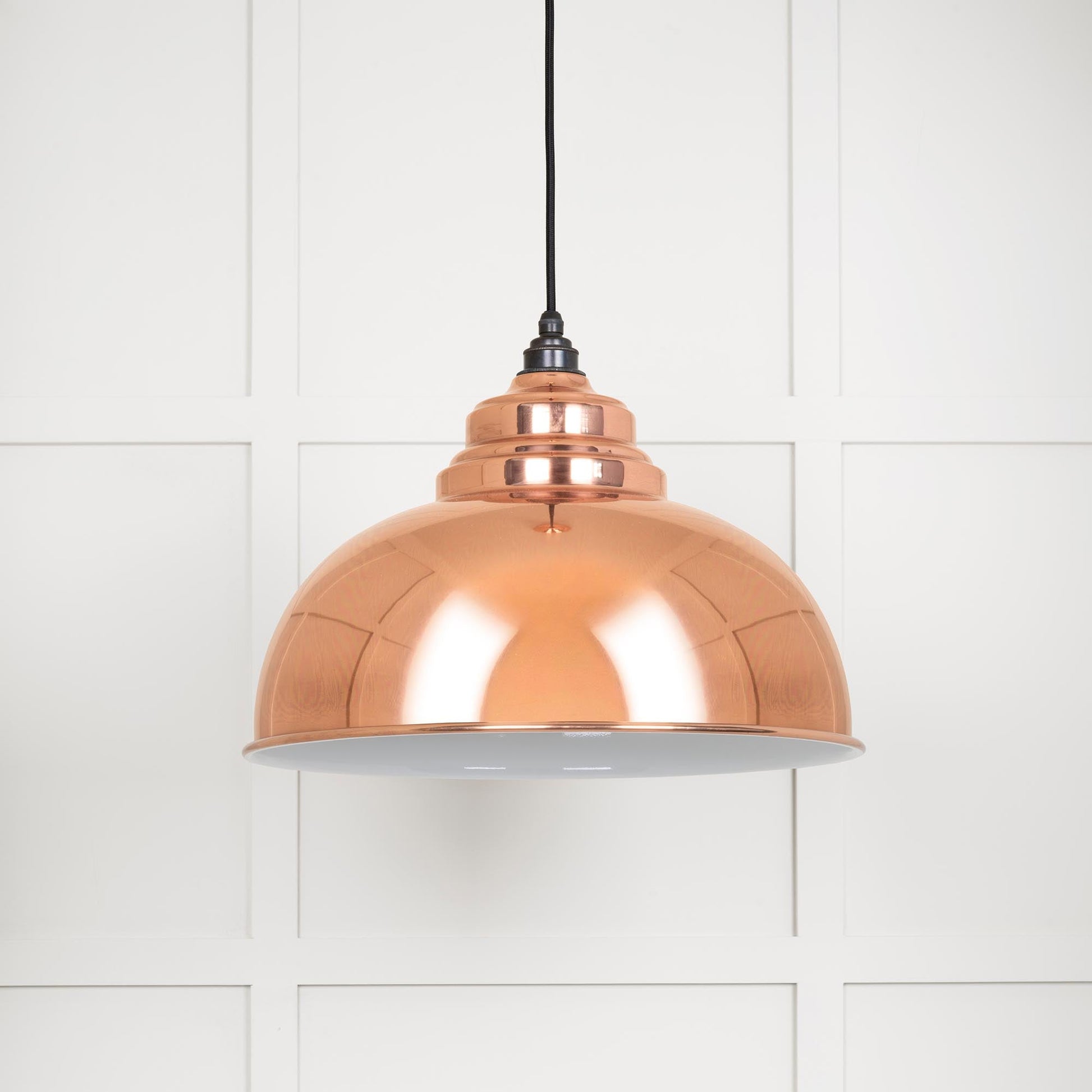 White Gloss Harborne Pendant Light Copper, Front Side.