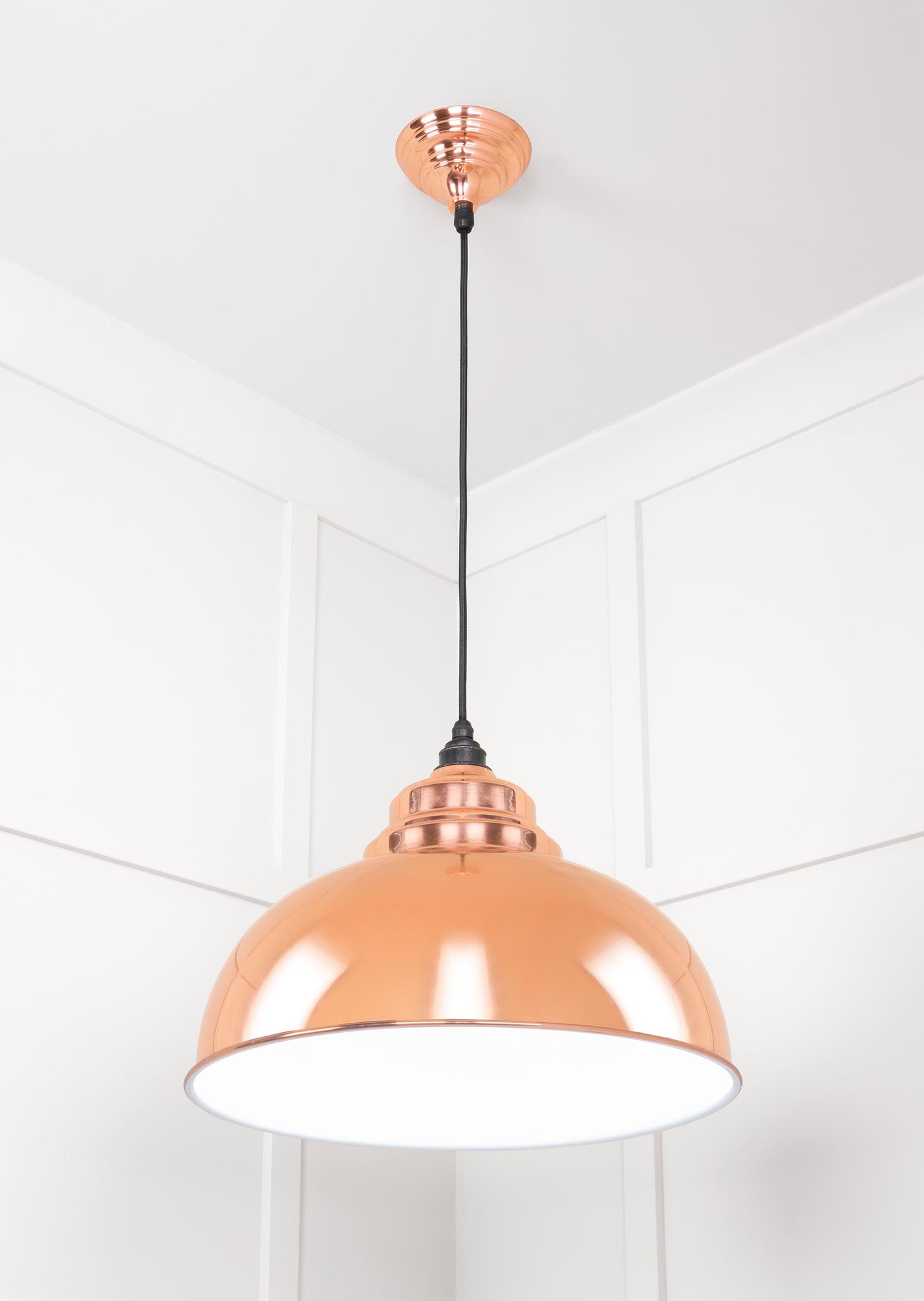 White Gloss Harborne Pendant Light Copper, Underside.
