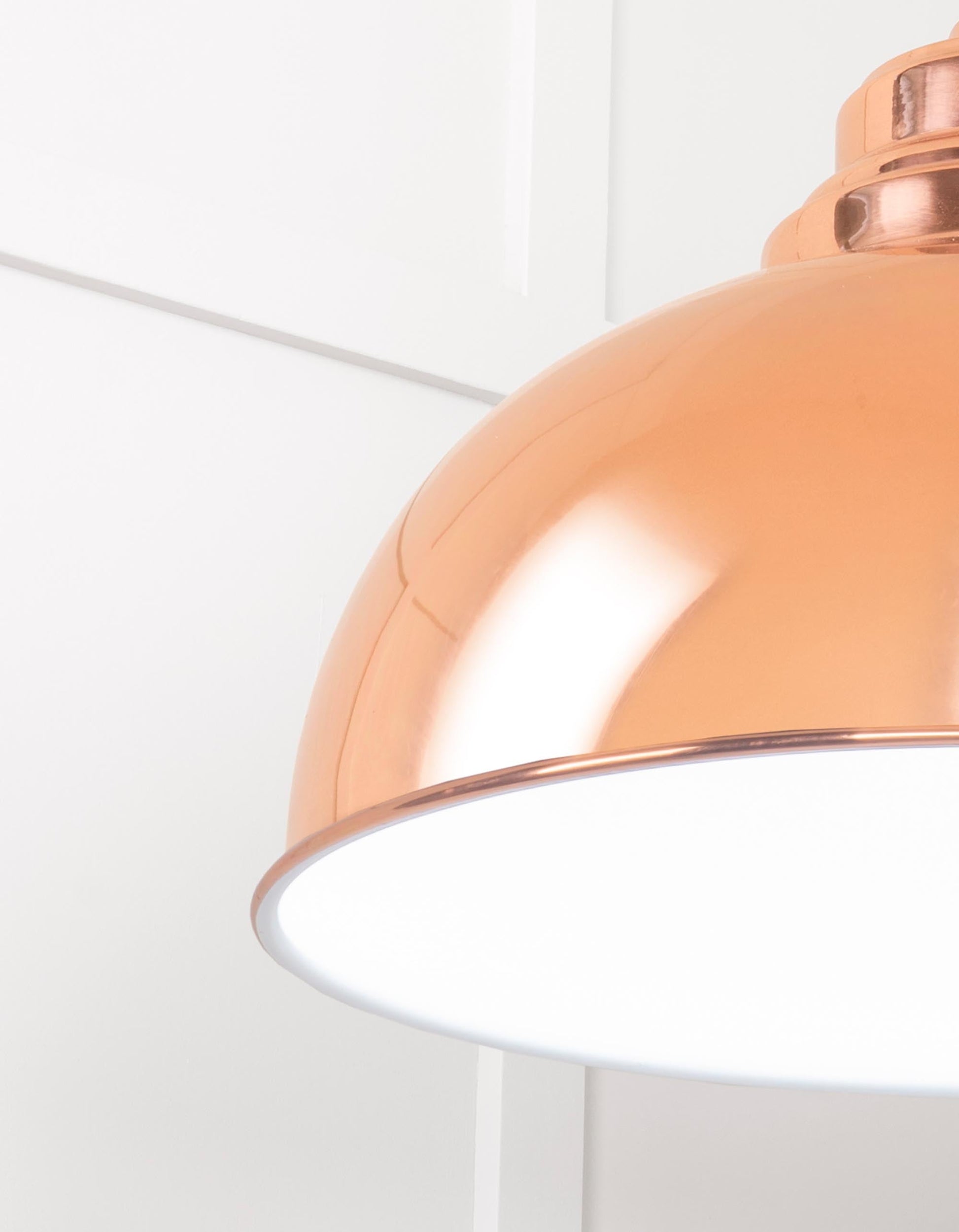 White Gloss Harborne Pendant Light Copper, Detailed close up view of pendant.
