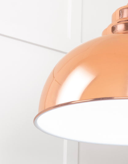 White Gloss Harborne Pendant Light Copper, Detailed close up view of pendant.