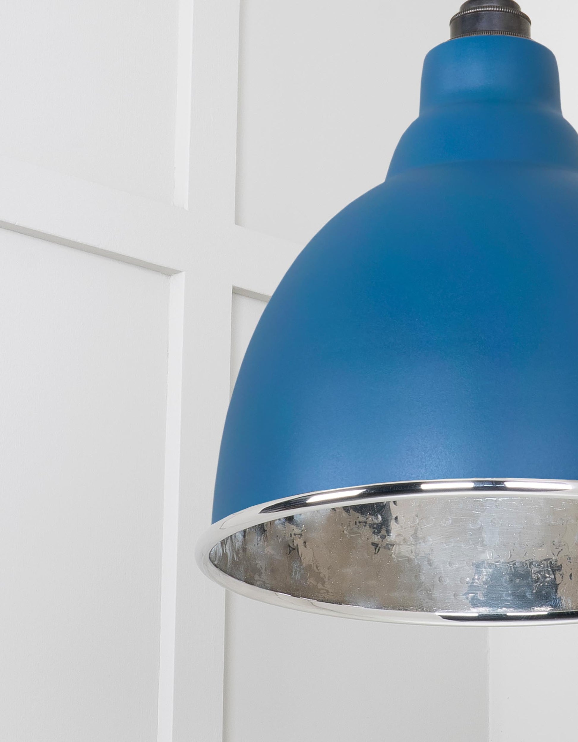 Hammered Nickel Brindley Pendant Light Upstream, Detailed close up view of pendant.