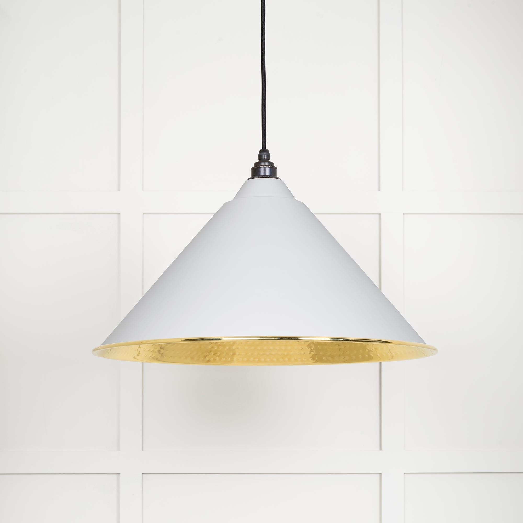 Hammered Brass Hockley Pendant Light Flock, Front Side.