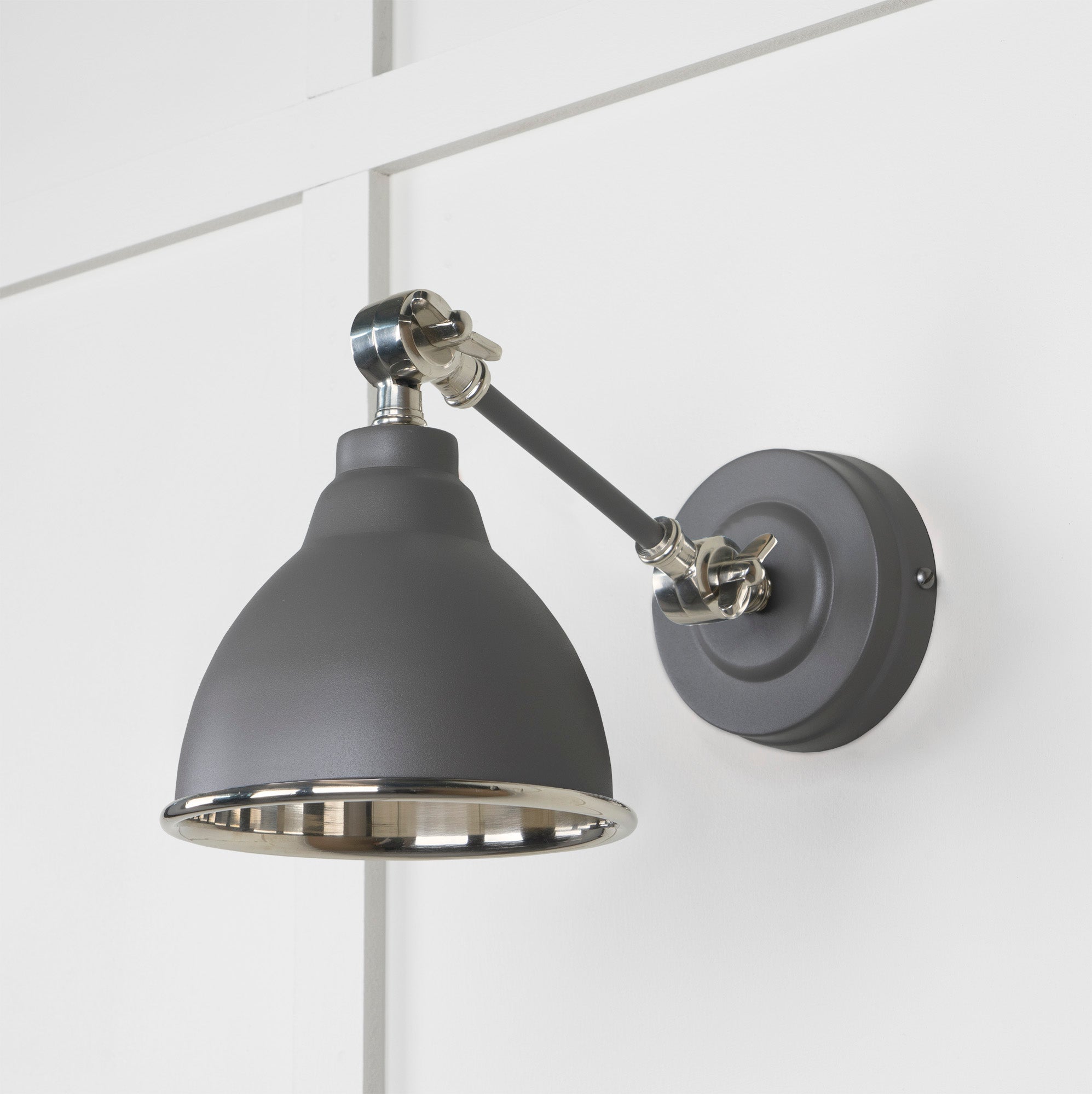 Smooth Nickel Brindley Wall Light Bluff, Front Side.