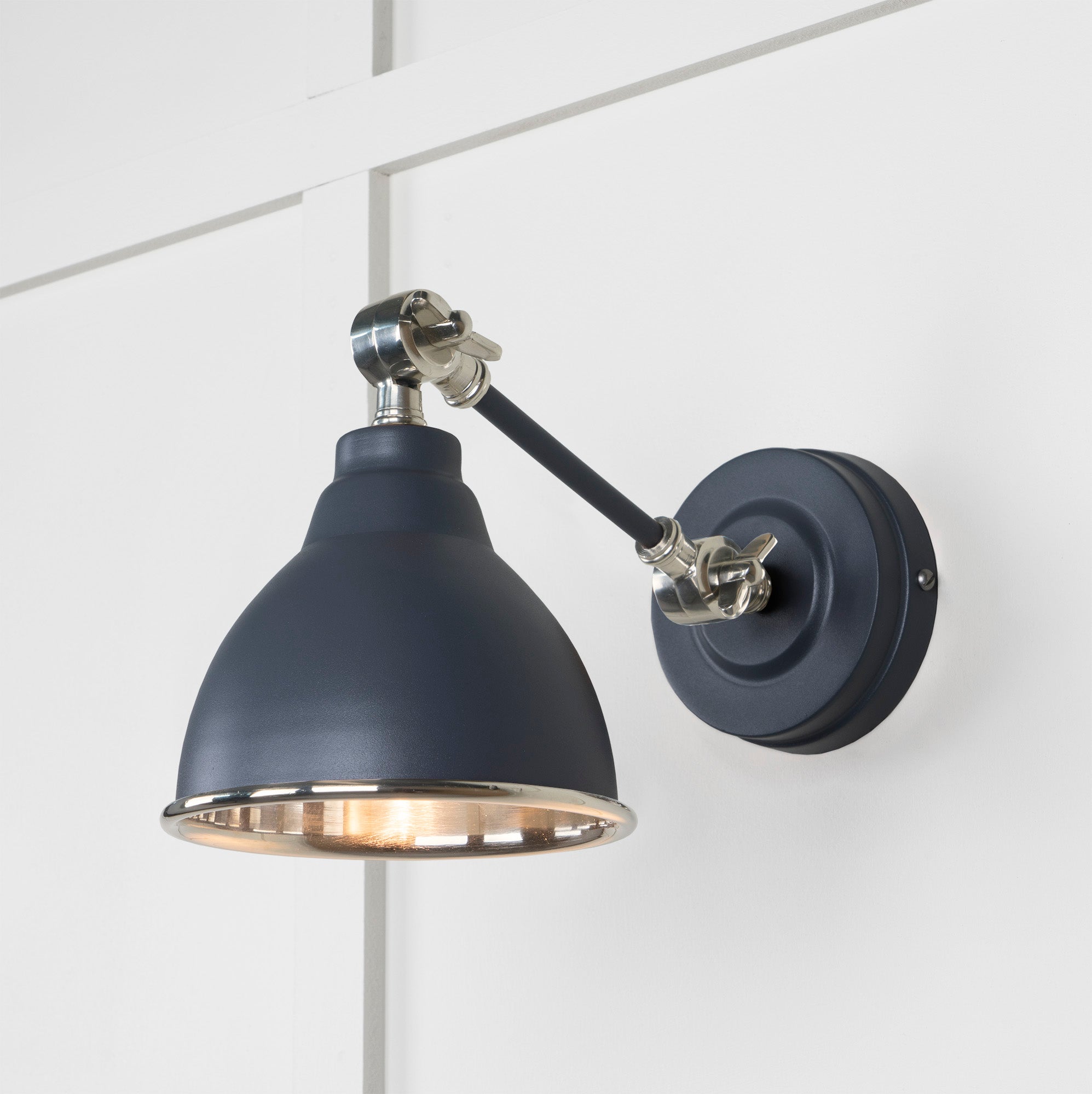 Smooth Nickel Brindley Wall Light Slate, Front Side with light on.