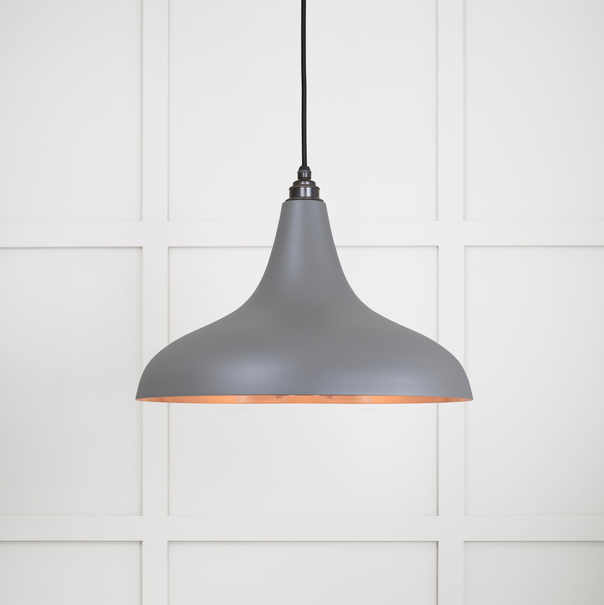 Smooth Copper Frankley Pendant Light Bluff, Front Side with light on.