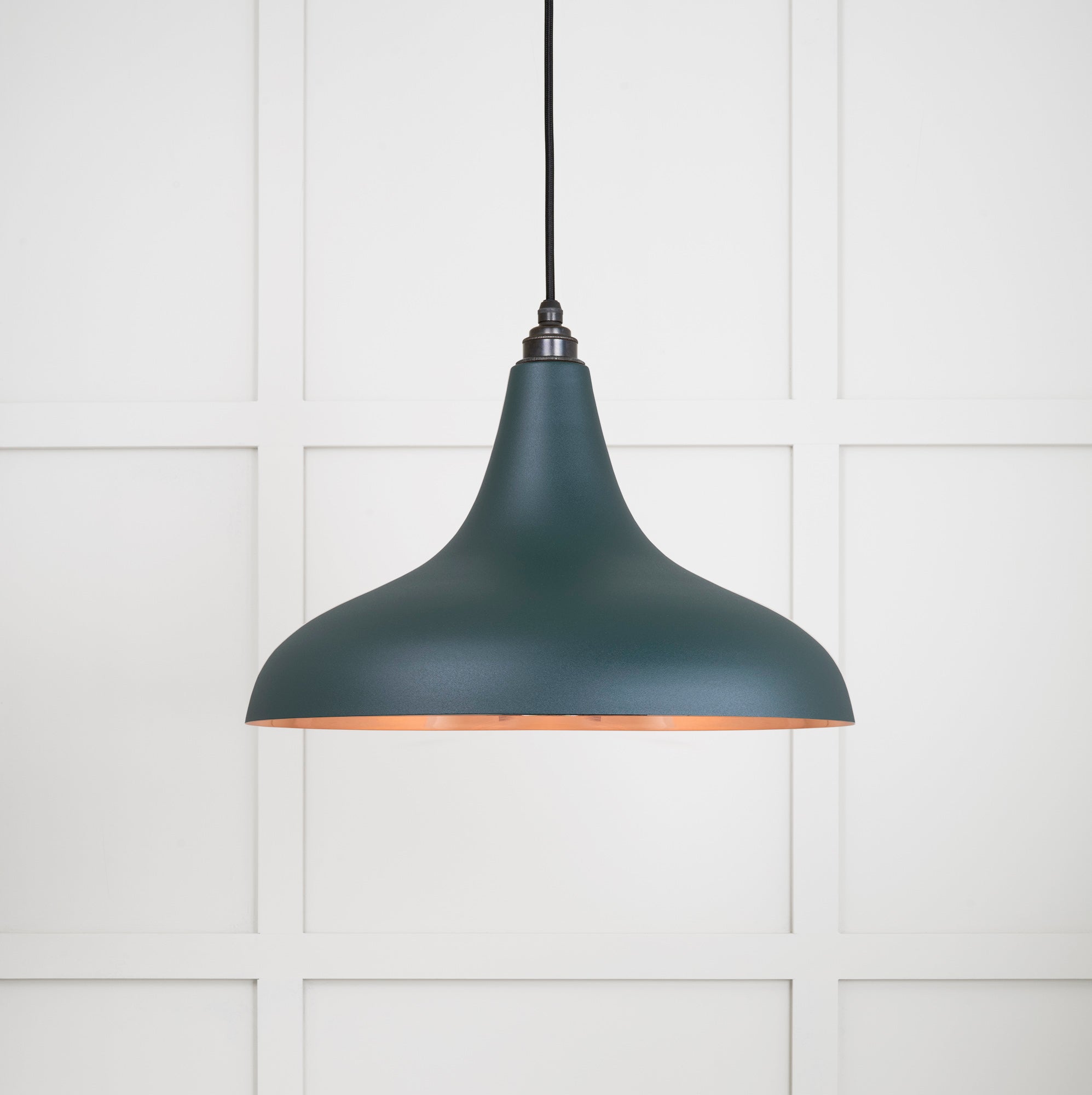 Smooth Copper Frankley Pendant Light Dingle, Front Side with light on.