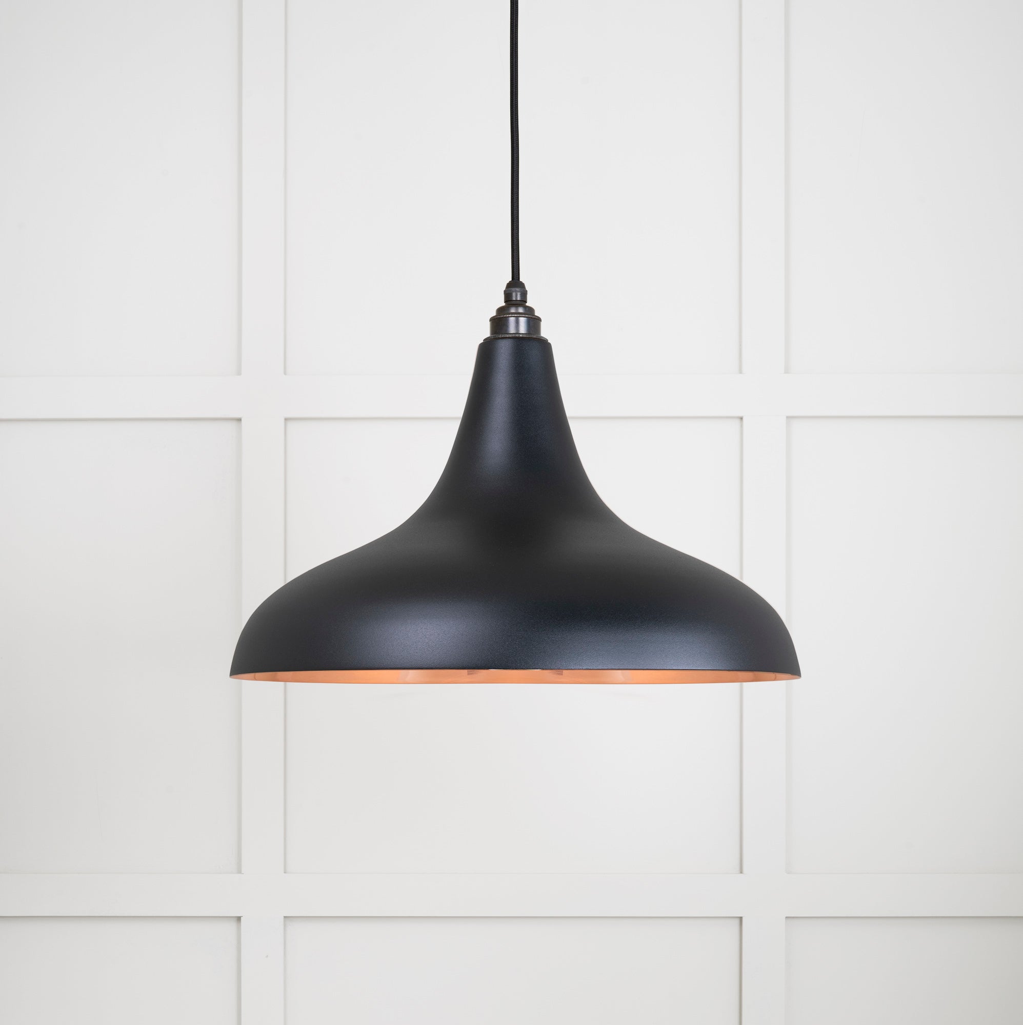 Smooth Copper Frankley Pendant Light Elan Black, Front Side with light on.