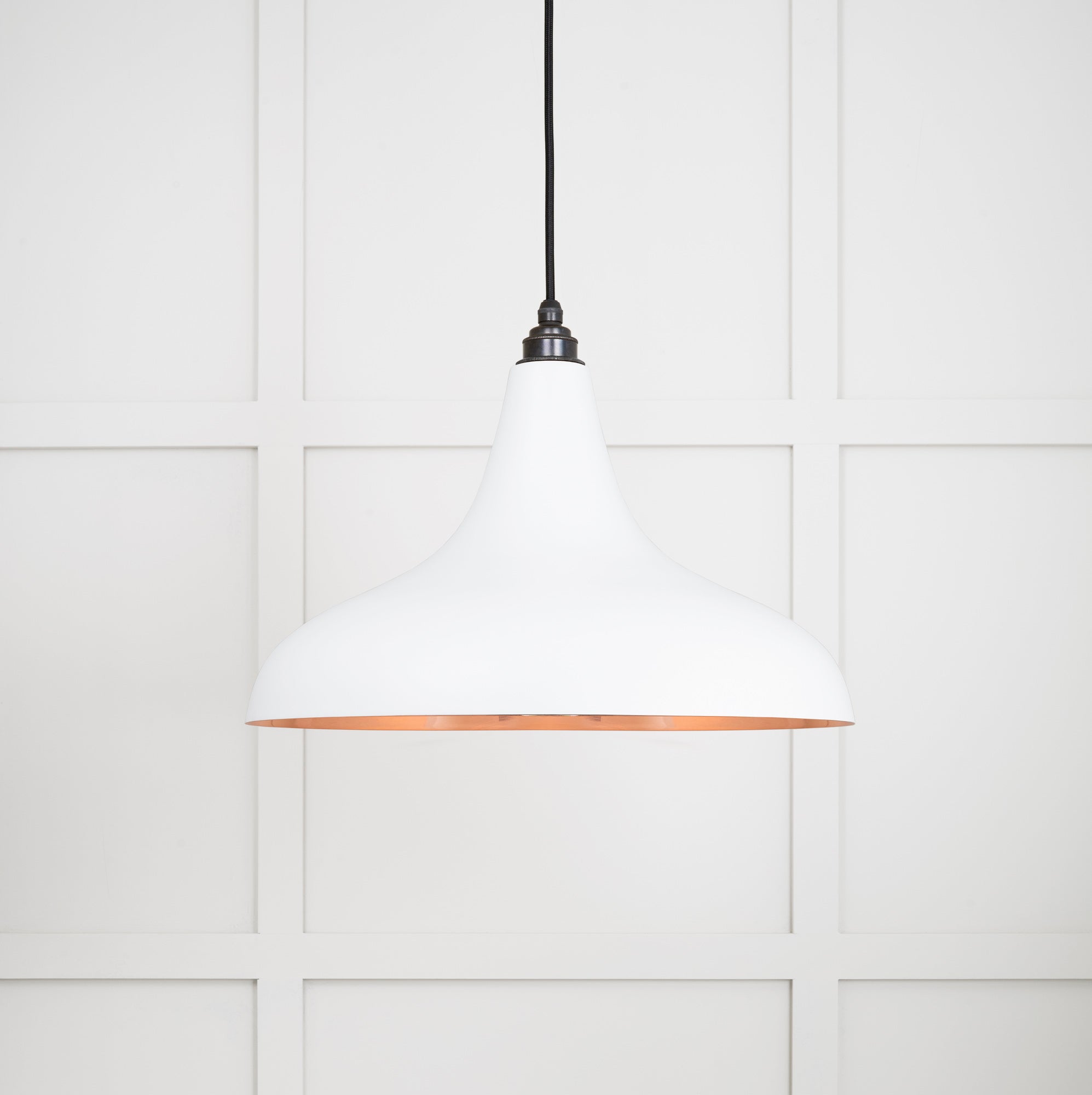 Smooth Copper Frankley Pendant Light Flock, Front Side with light on.