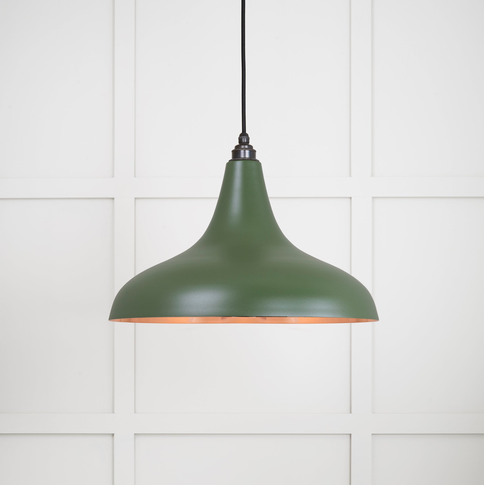 Smooth Copper Frankley Pendant Light Heath, Front Side with light on.