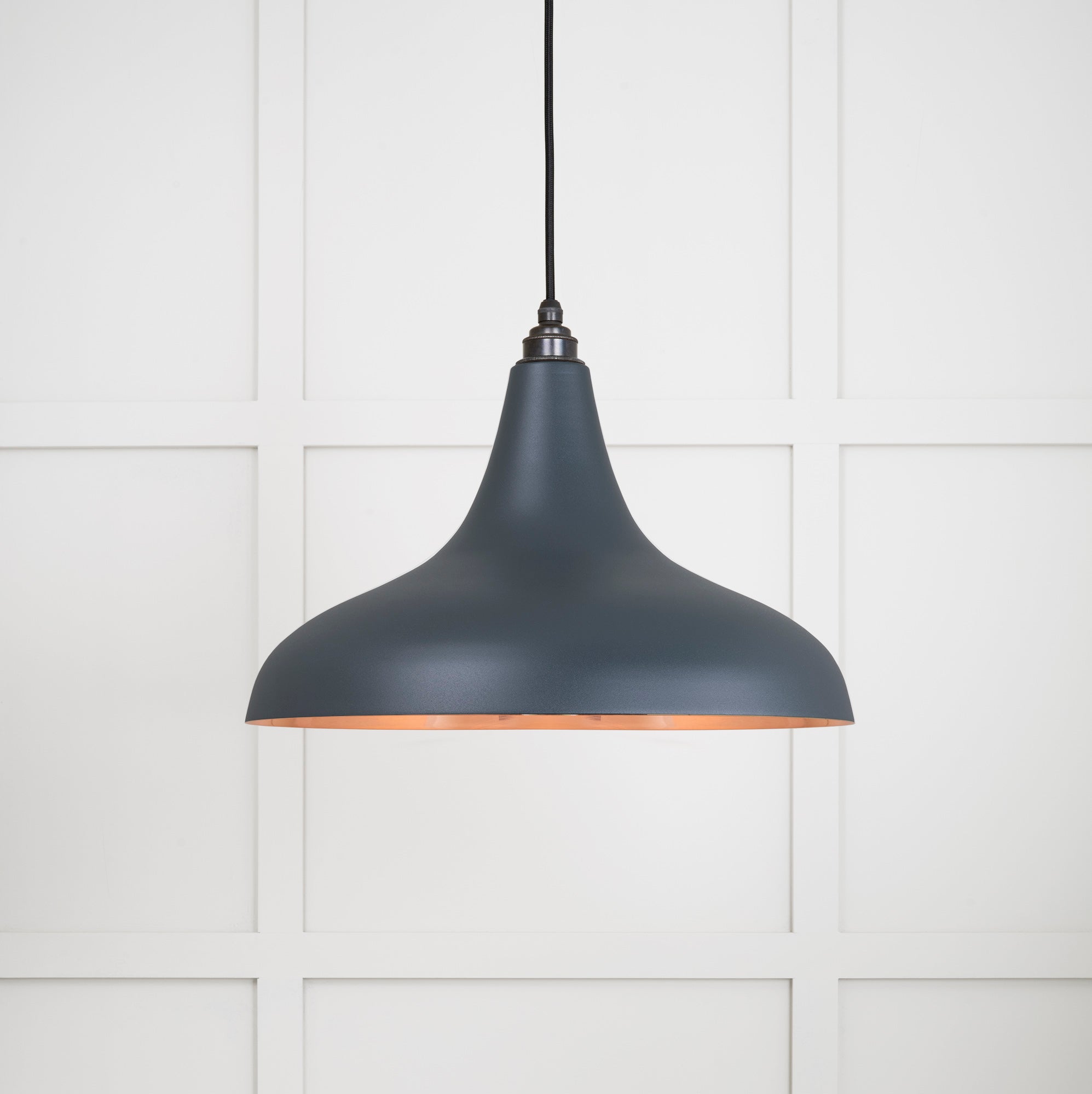 Smooth Copper Frankley Pendant Light Soot, Front Side with light on.