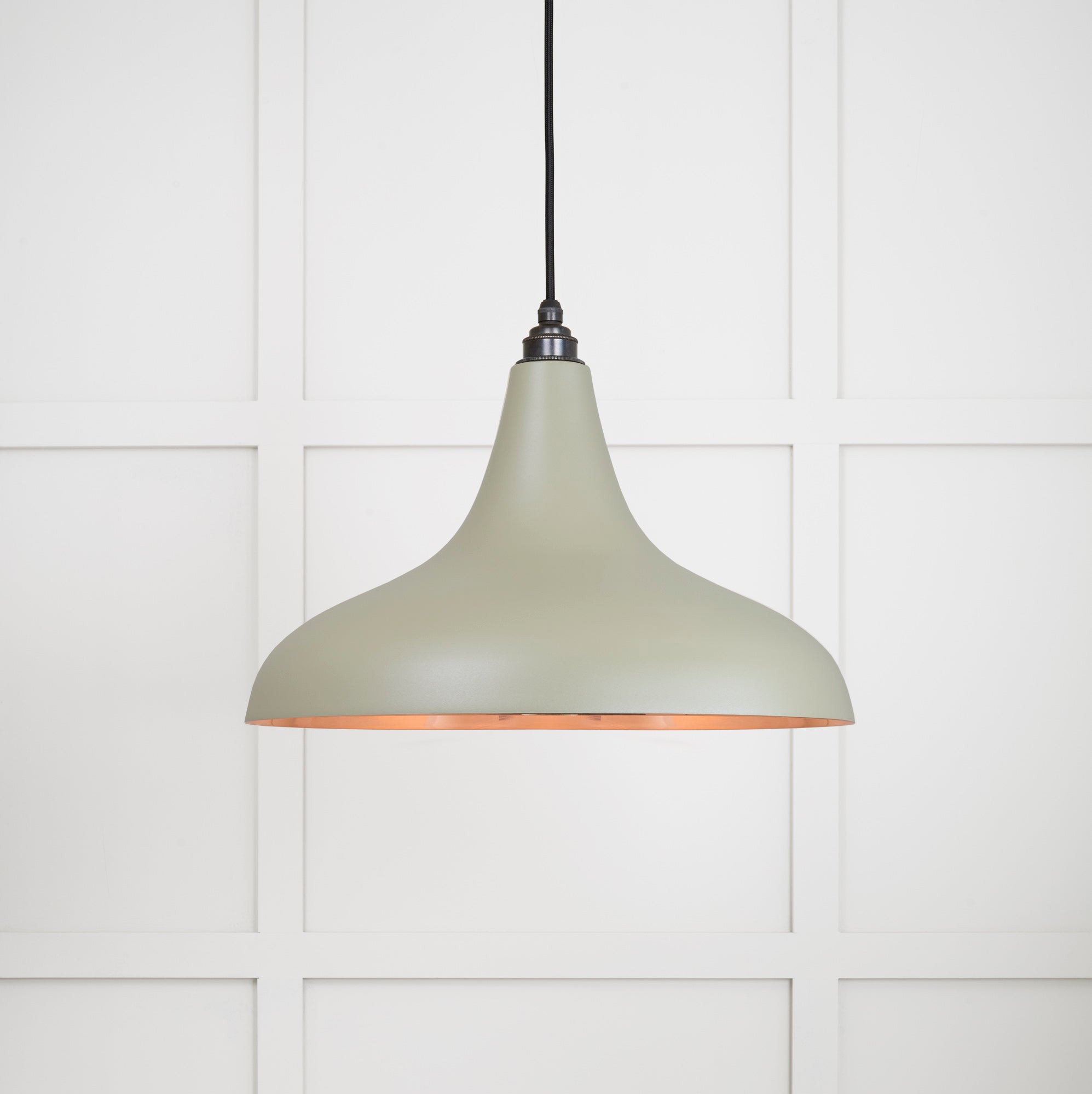 Smooth Copper Frankley Pendant Light Tump, Front Side with light on.