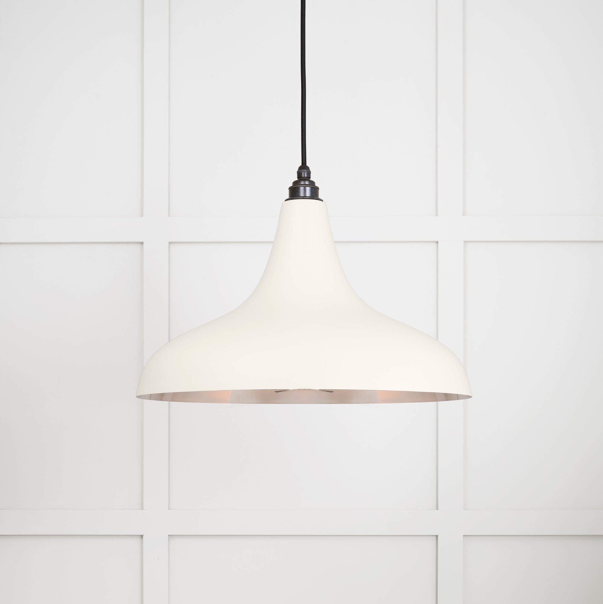 Smooth Nickel Frankley Pendant Light Teasel, Front Side with light on.