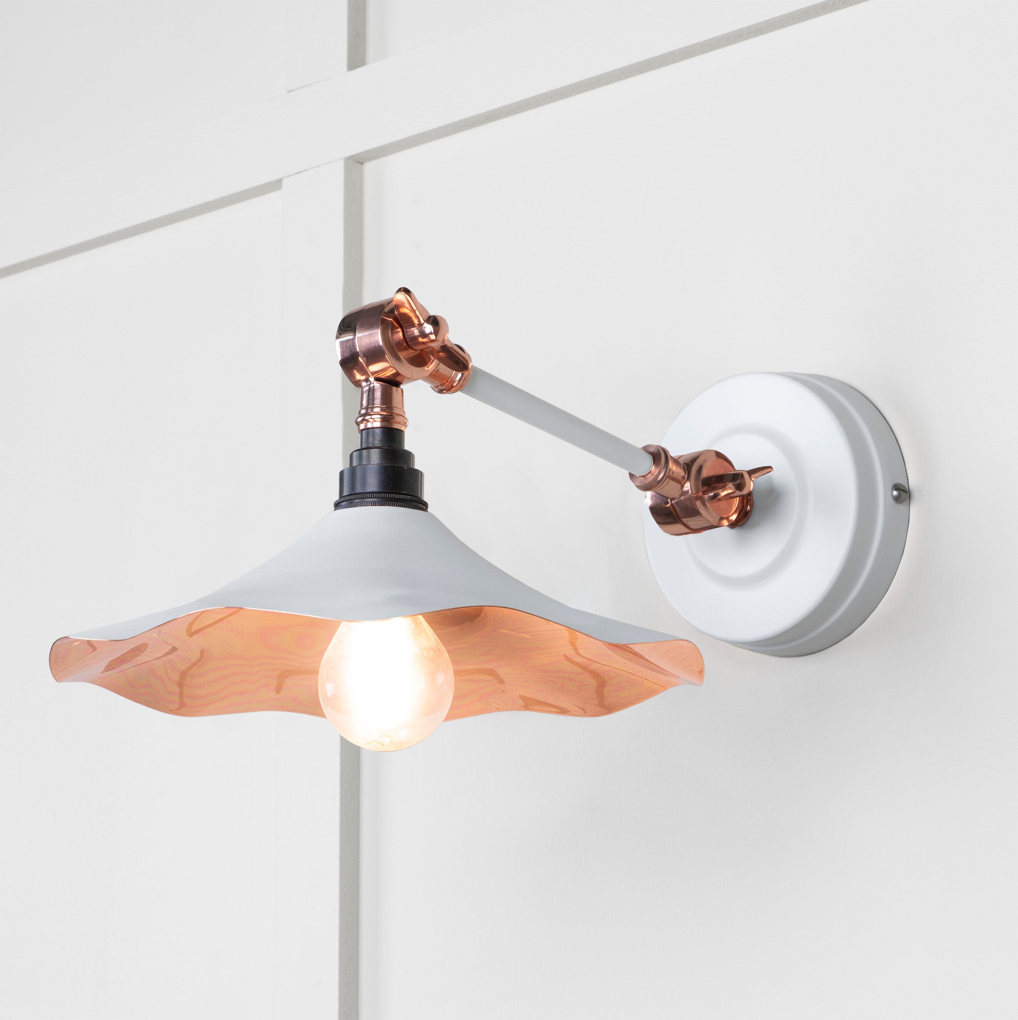 Smooth Copper Flora Wall Light Flock, Front Side with light on.