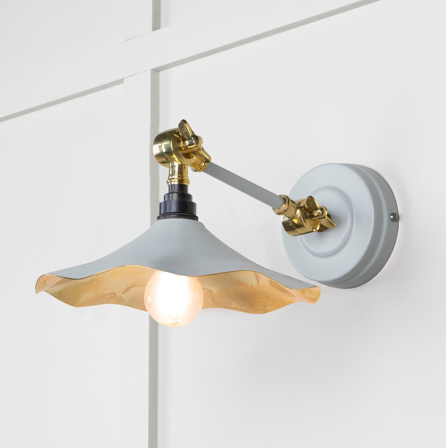 Smooth Brass Flora Wall Light Birch, Front Side with light on.