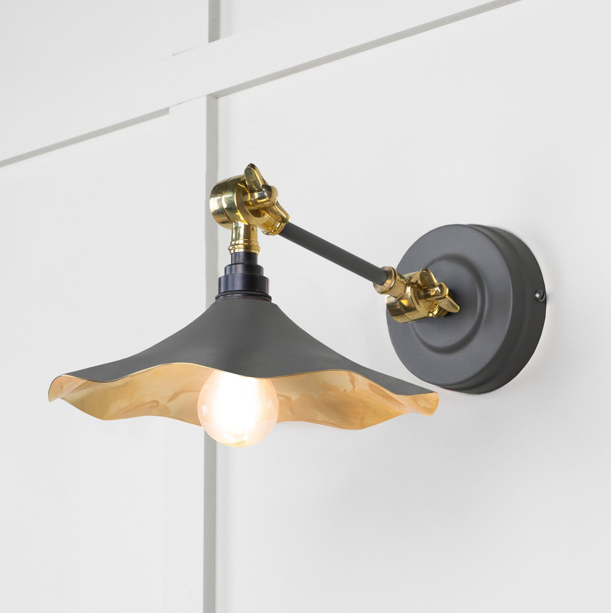 Smooth Brass Flora Wall Light Bluff, Front Side with light on.