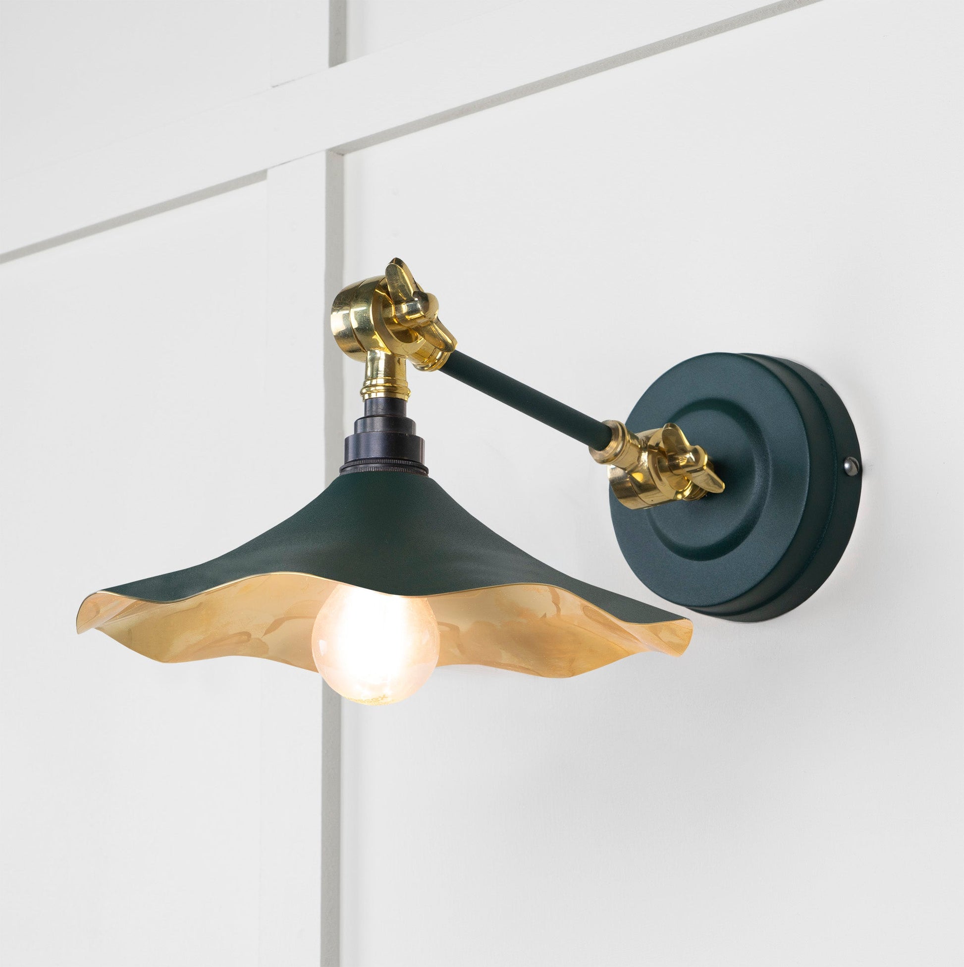 Smooth Brass Flora Wall Light Dingle, Front Side with light on.