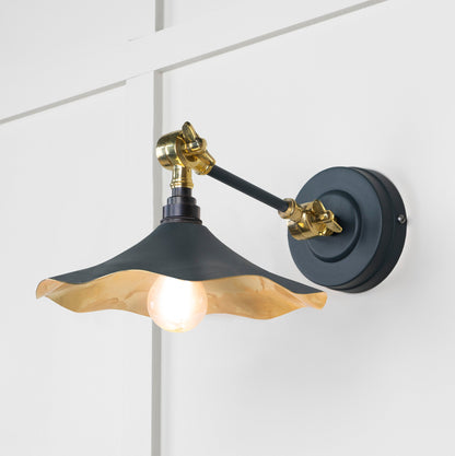 Smooth Brass Flora Wall Light Soot, Front Side with light on.