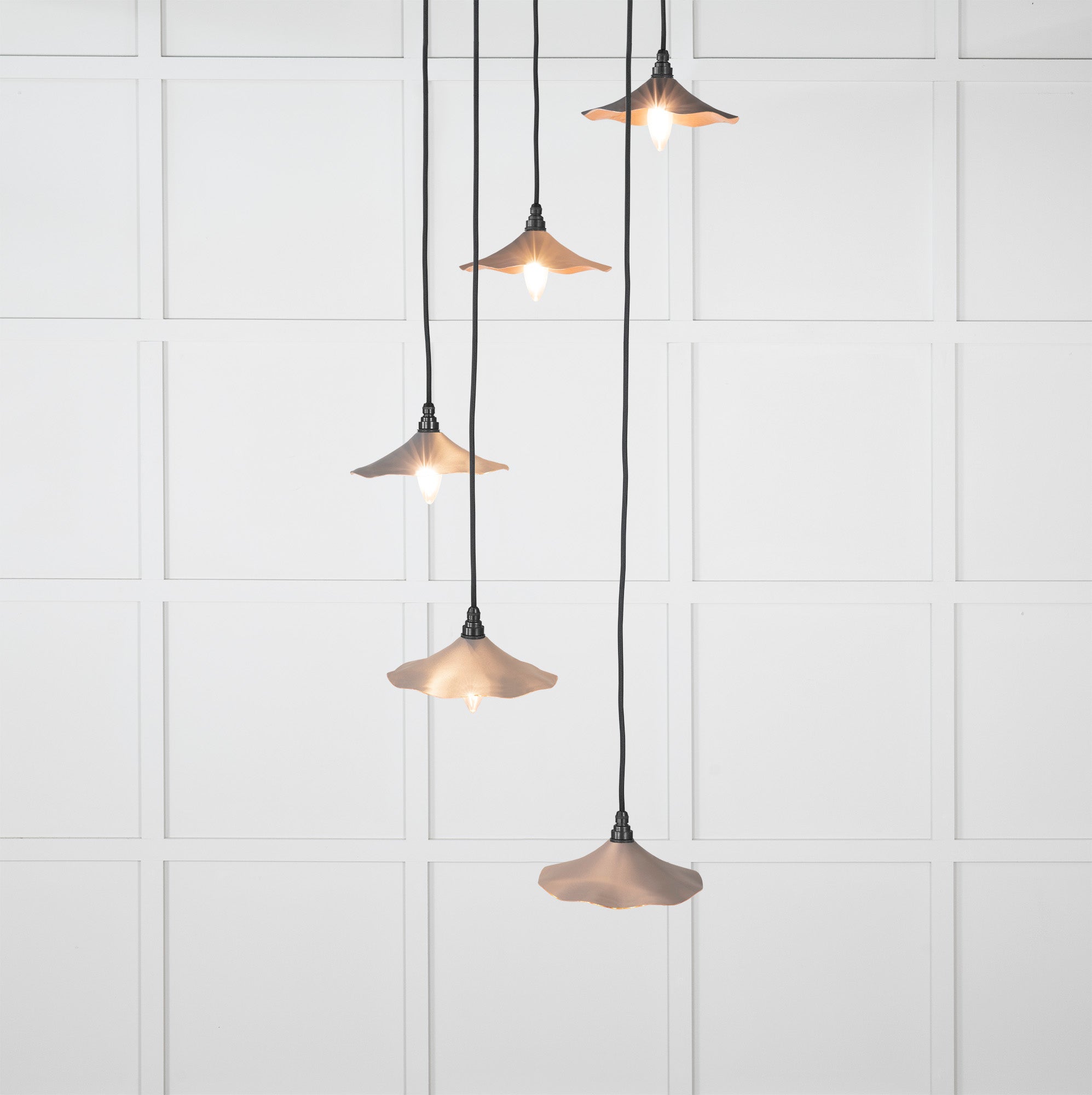 Smooth Copper Flora Cluster Pendant Light Bluff, Front Side with light on.