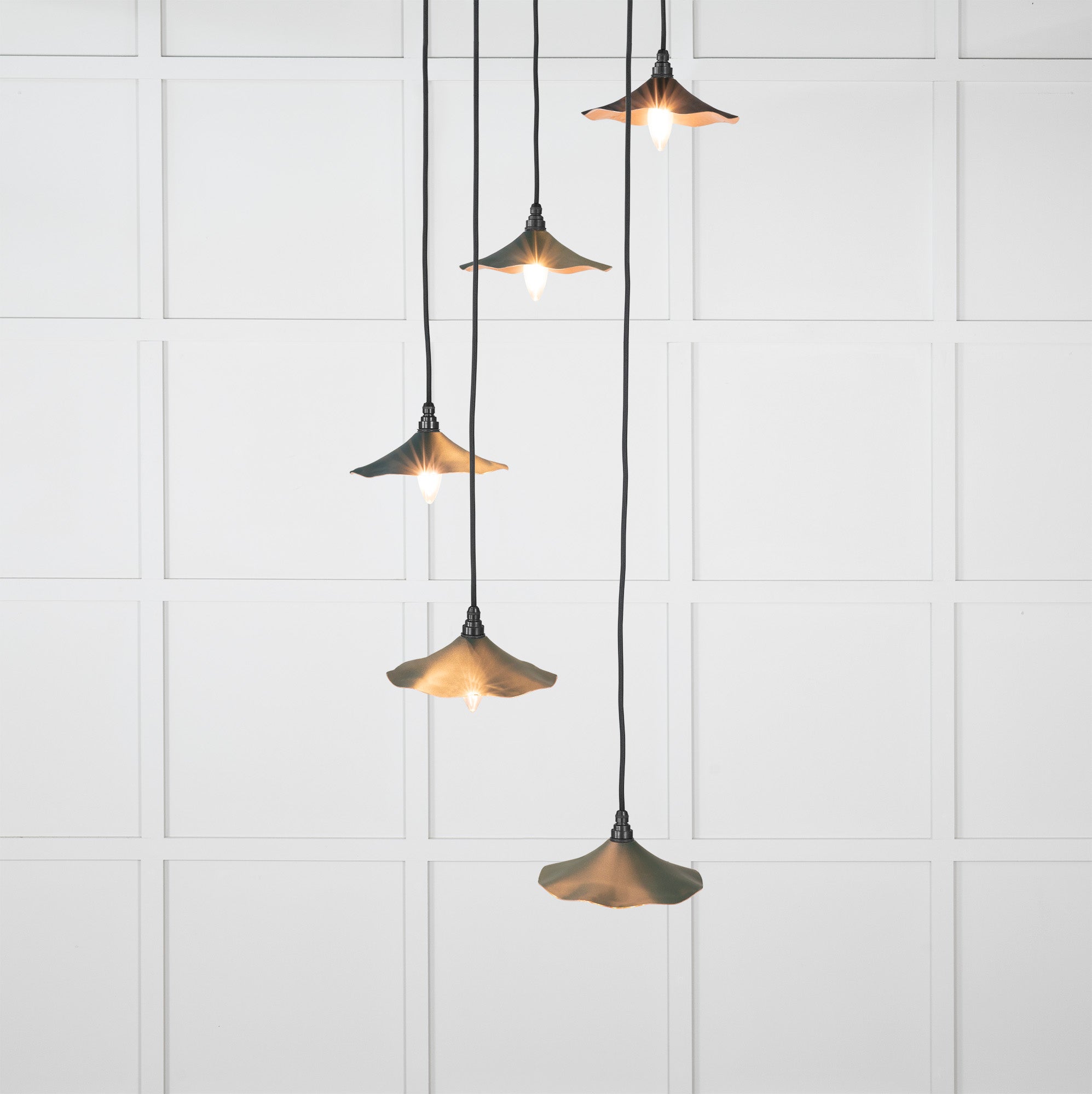 Smooth Copper Flora Cluster Pendant Light Dingle, Front Side with light on.
