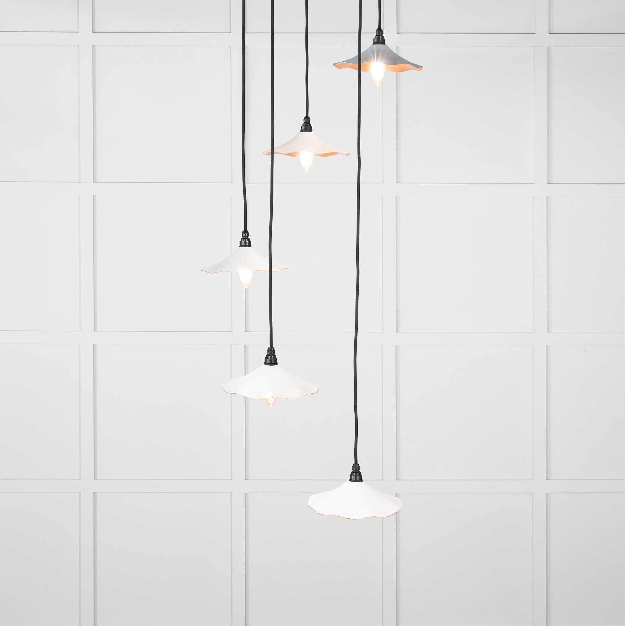 Smooth Copper Flora Cluster Pendant Light Flock, Front Side with light on.