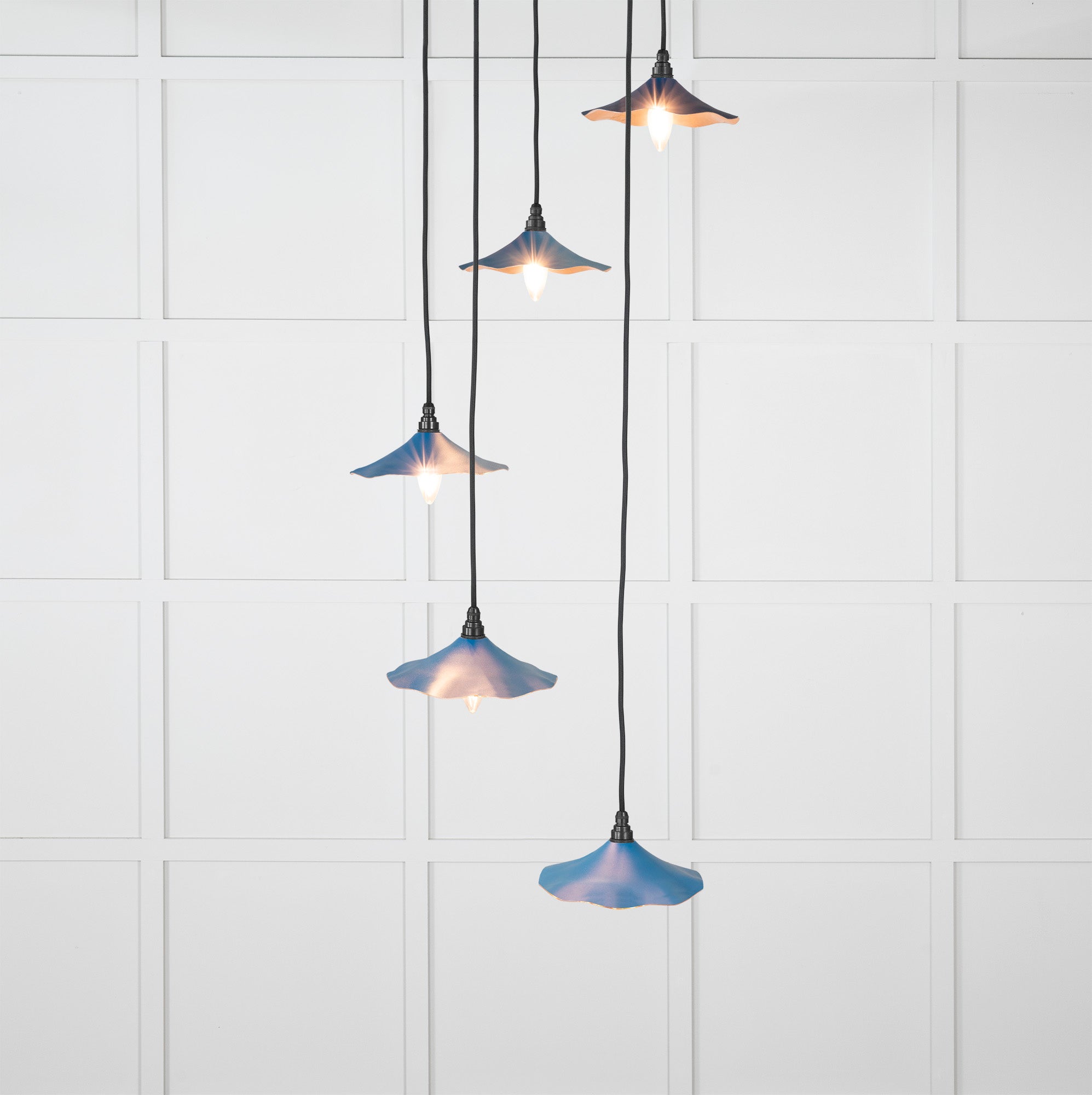 Smooth Copper Flora Cluster Pendant Light Upstream, Front Side with light on.