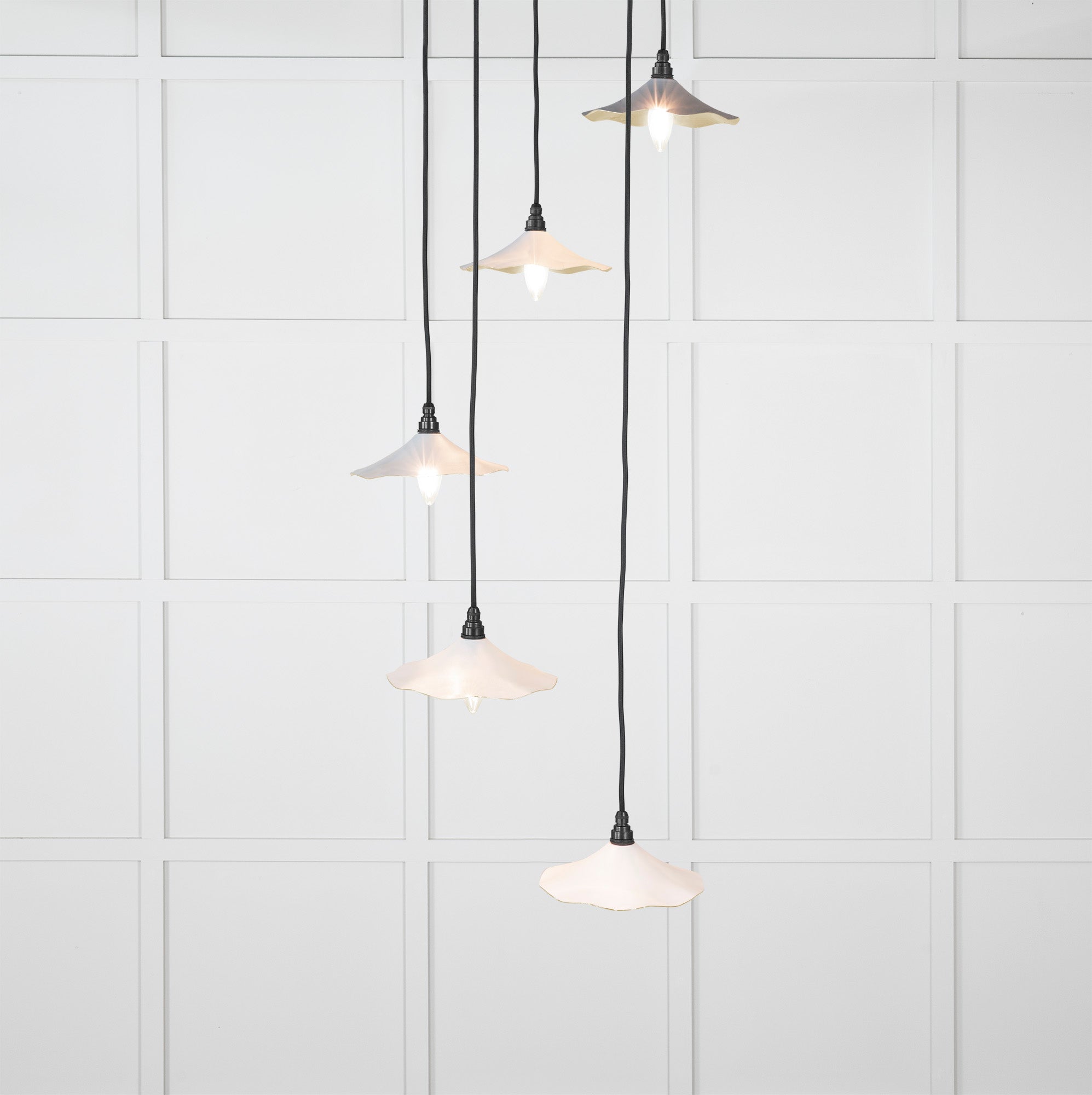 Smooth Brass Flora Cluster Pendant Light Birch, Front Side with light on.