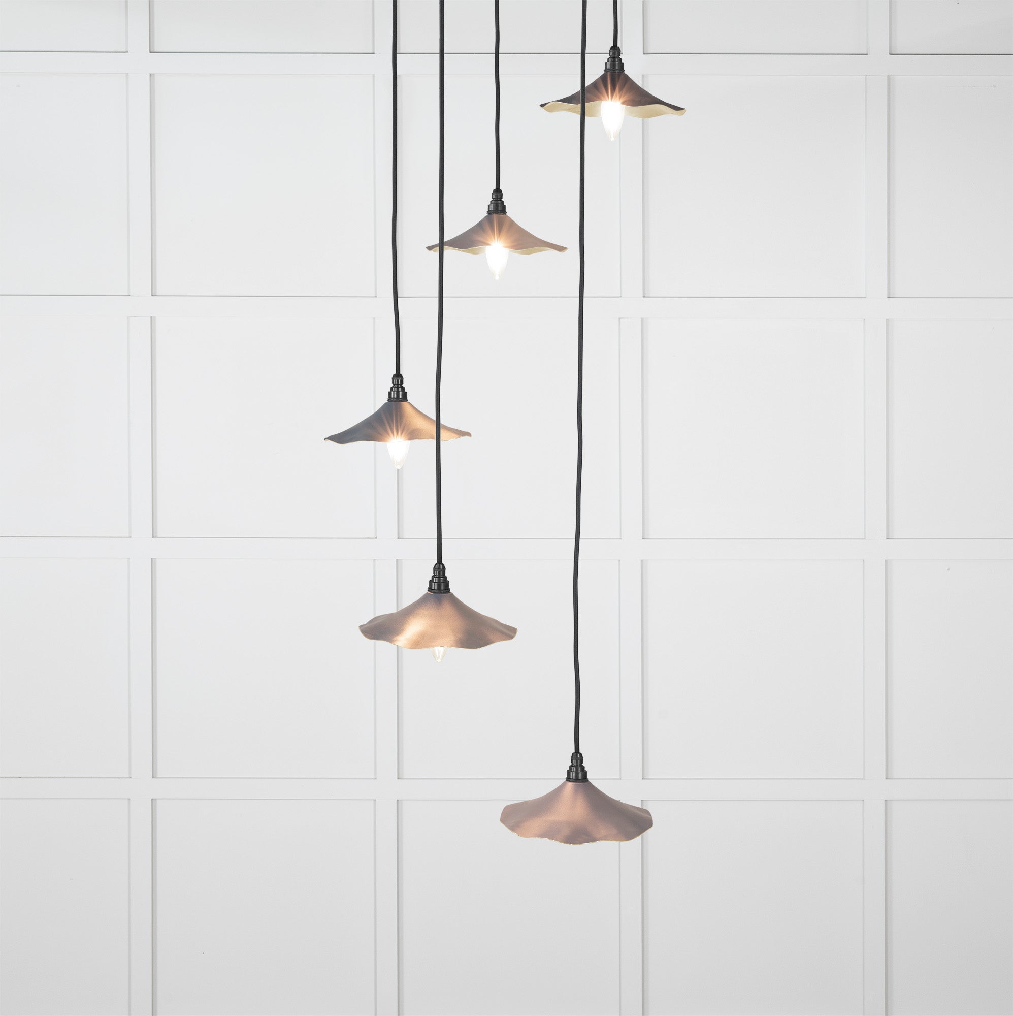 Smooth Brass Flora Cluster Pendant Light Slate, Front Side with light on.
